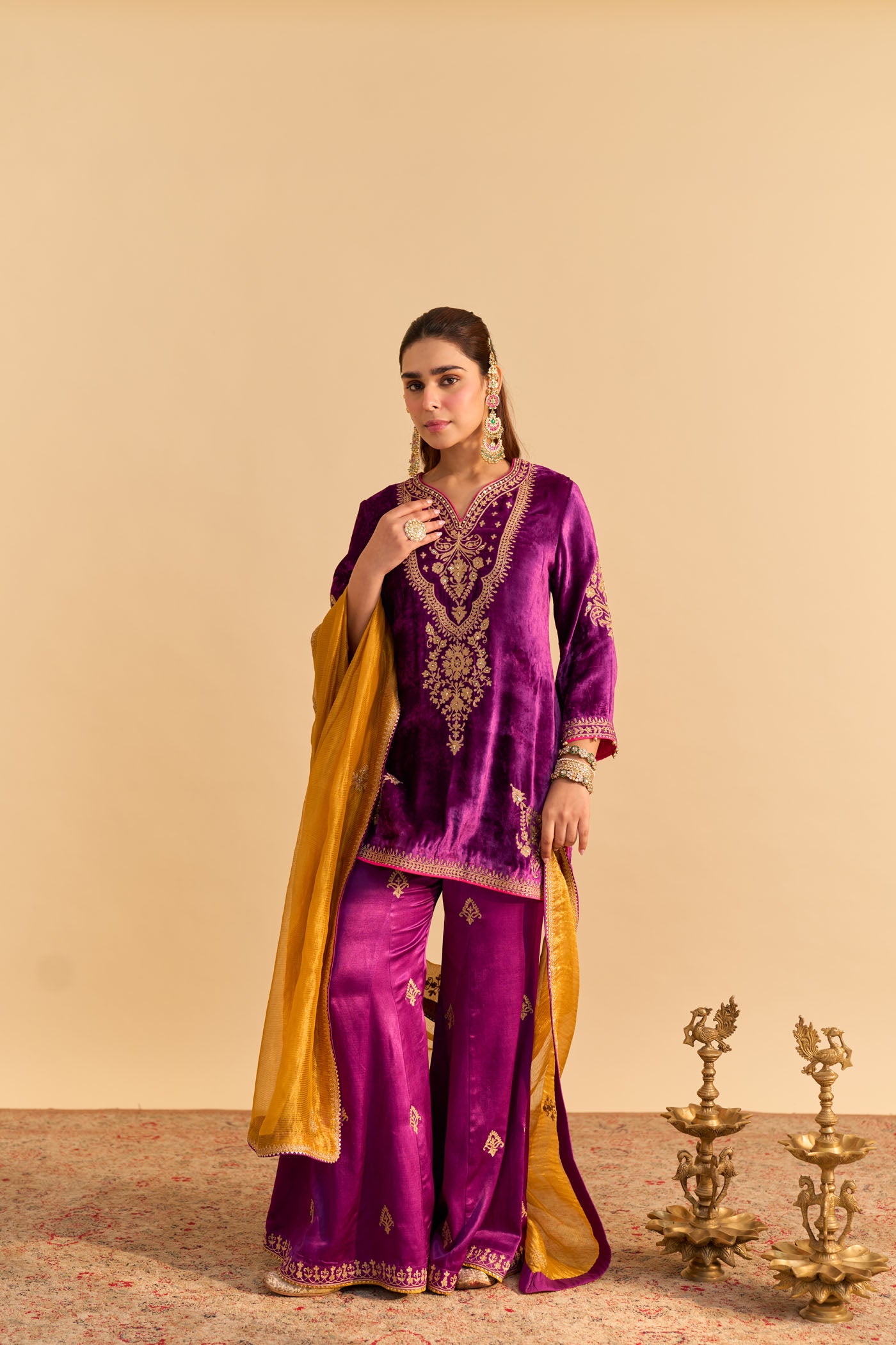 Nooren - Deep Purple Kurta with Flared Palazzo and Dupatta