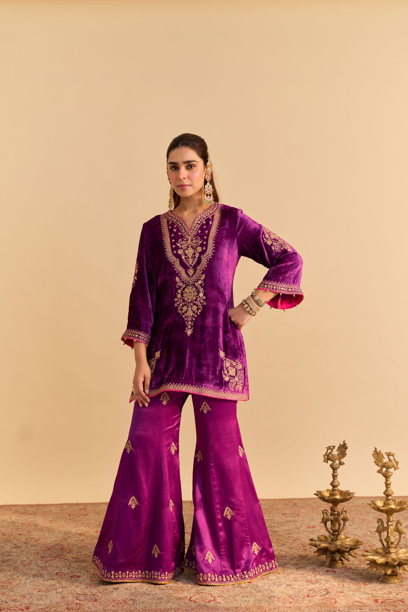 Nooren - Deep Purple Kurta with Flared Palazzo and Dupatta