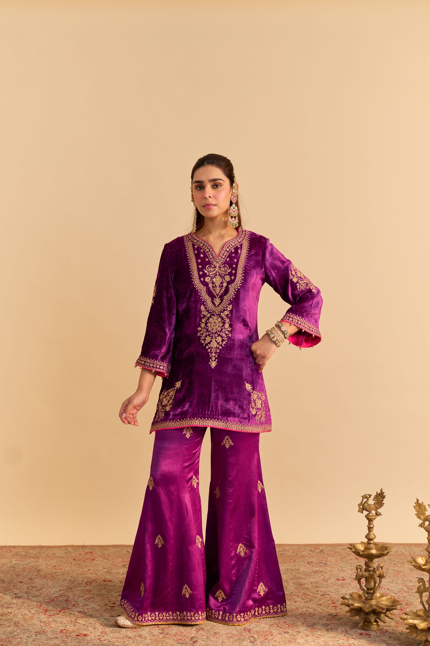 Nooren - Deep Purple Kurta with Flared Palazzo and Dupatta