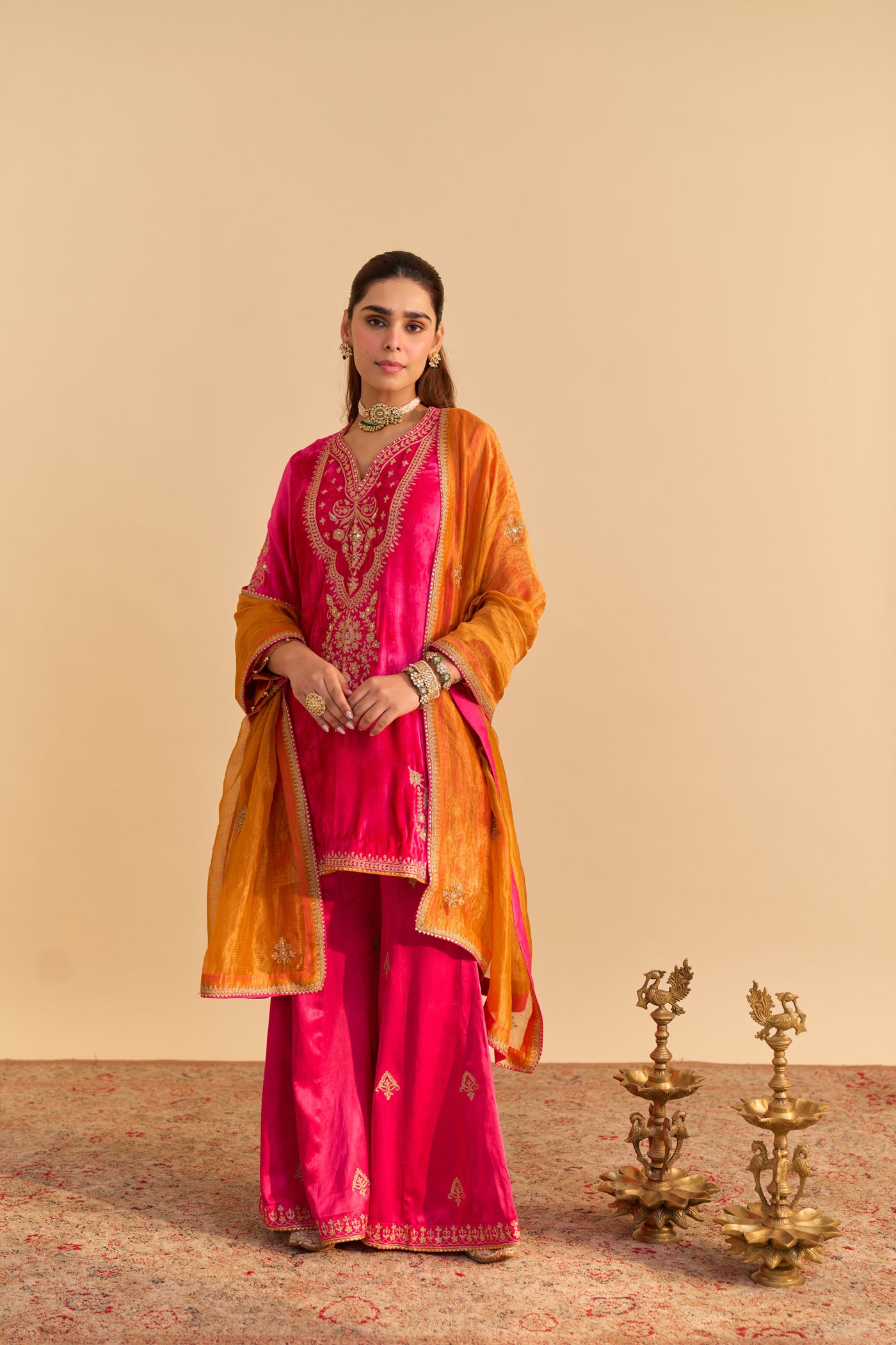 Nooren - Hotpink Kurta with Flared Palazzo and Dupatta