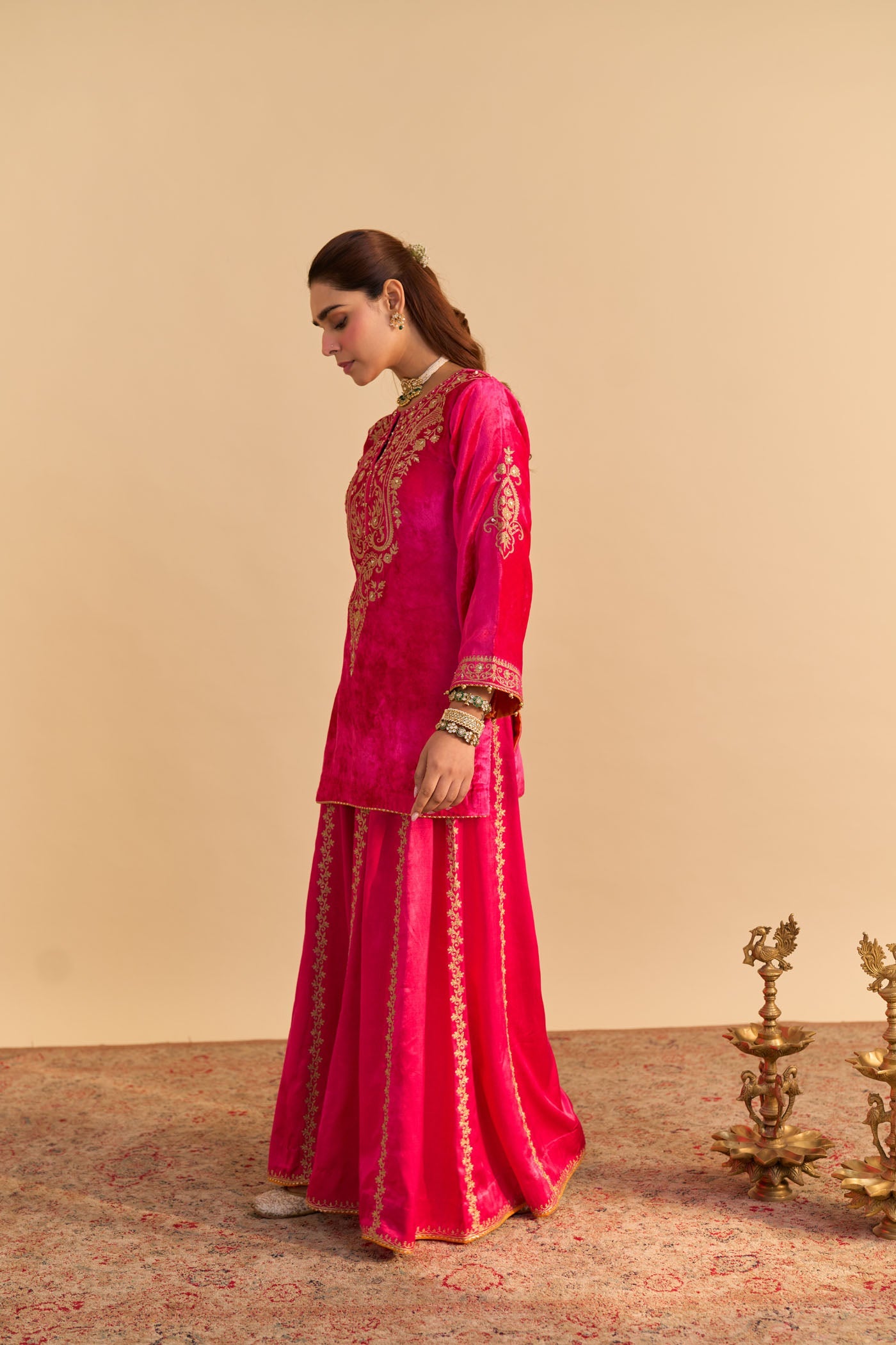 Aroob - Silk Velvet Rani Hotpink Kurta with Sharara and Dupatta (Lxrts)