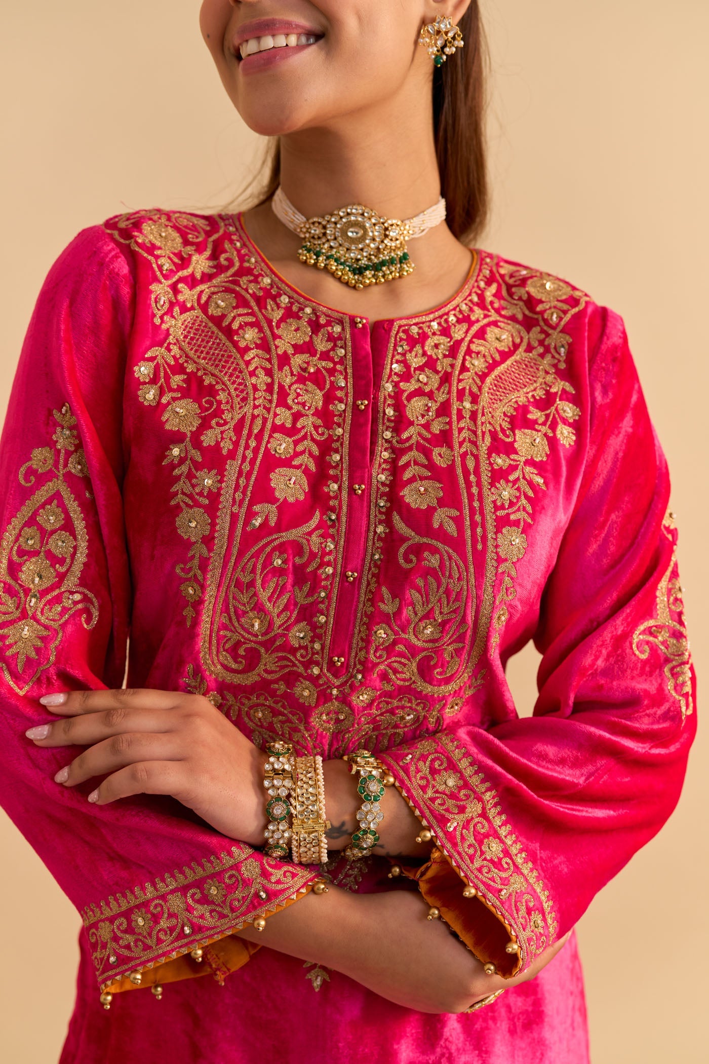 Aroob - Silk Velvet Rani Hotpink Kurta with Sharara and Dupatta (Lxrts)
