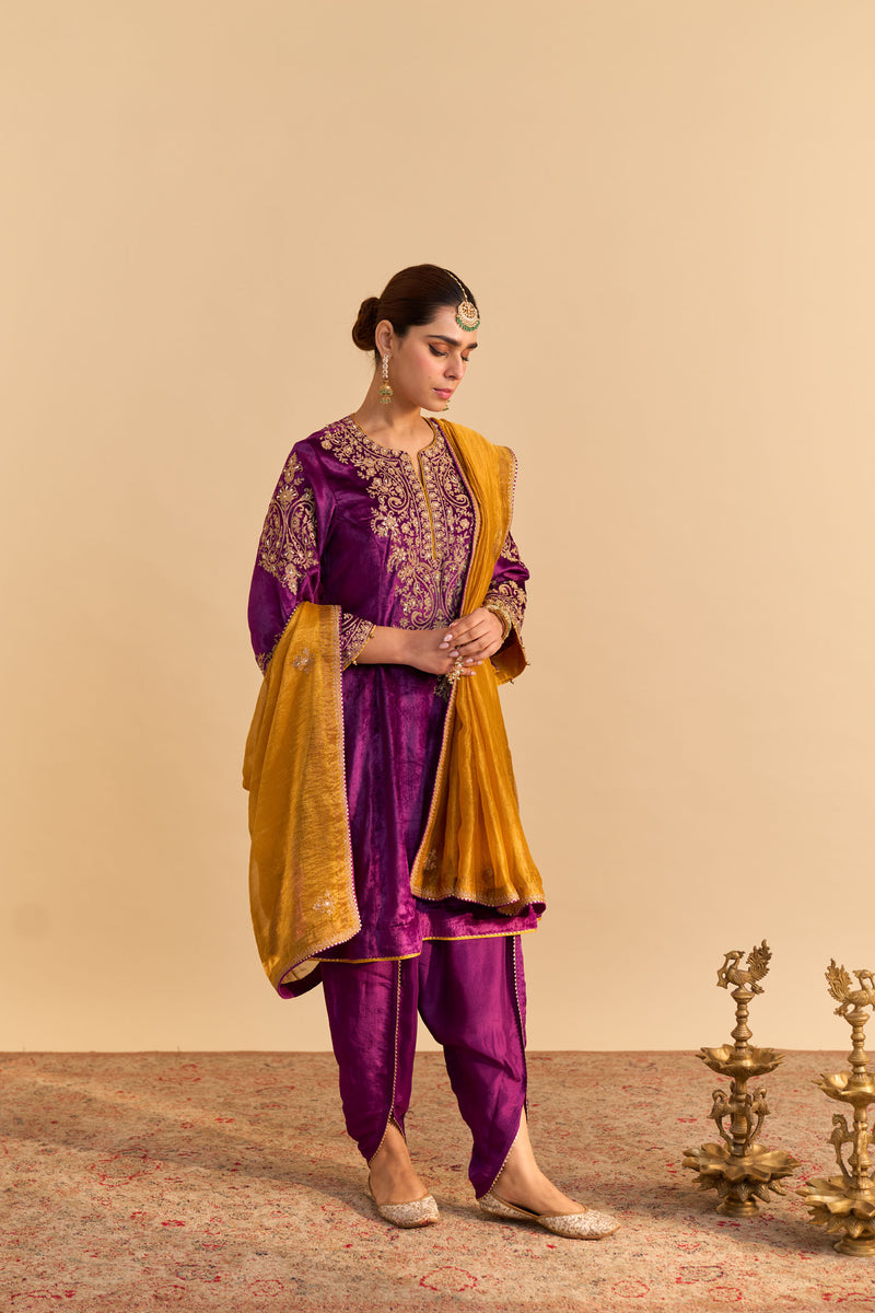 Eira - Silk Velvet Deep Purple A-line Kurta with Dhoti