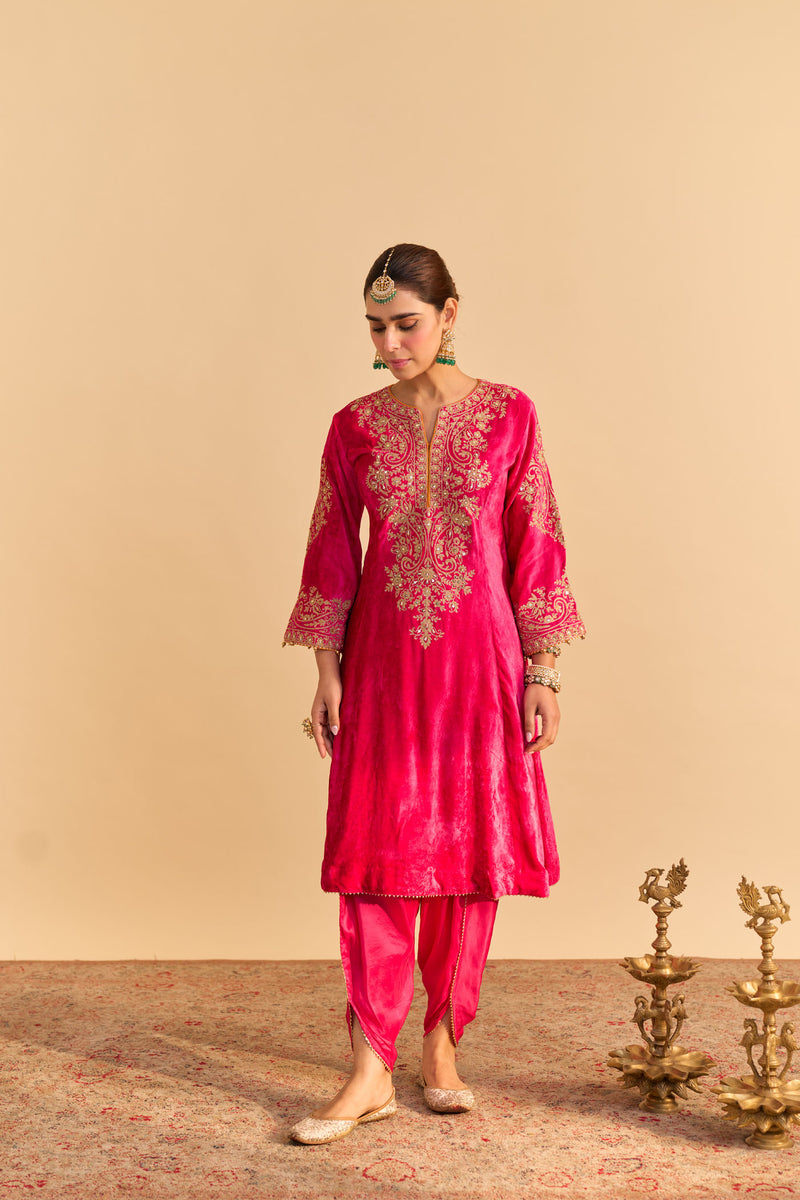 Eira - Silk Velvet Rani Hotpink A-line Kurta with Dhoti