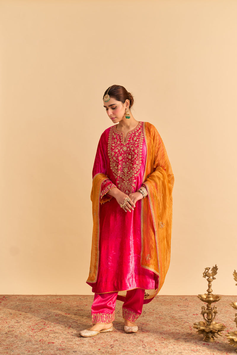 Fareeha - Silk Velvet Rani Hotpink Kurta with Salwar