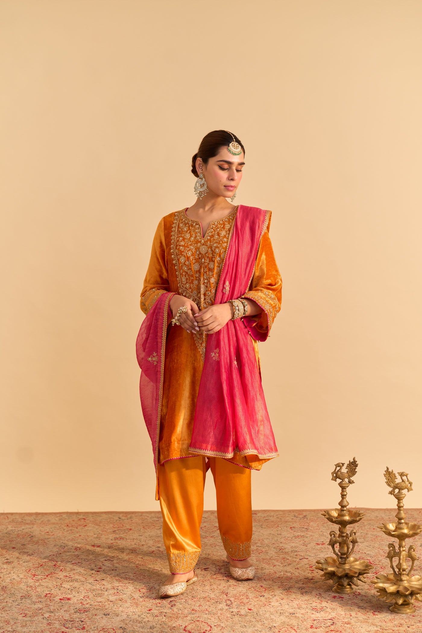 Fareeha - Silk Velvet Orange Kurta with Salwar (Lxrts)