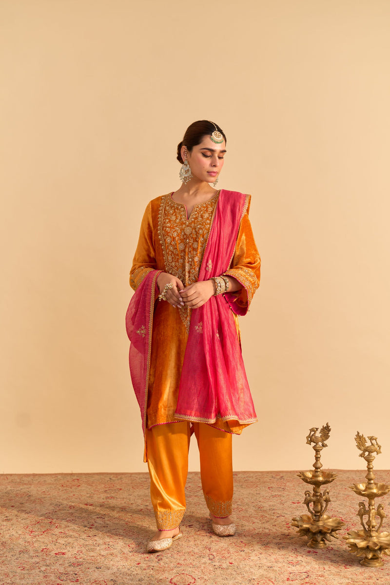 Fareeha - Silk Velvet Orange Kurta with Salwar (Lxrts)