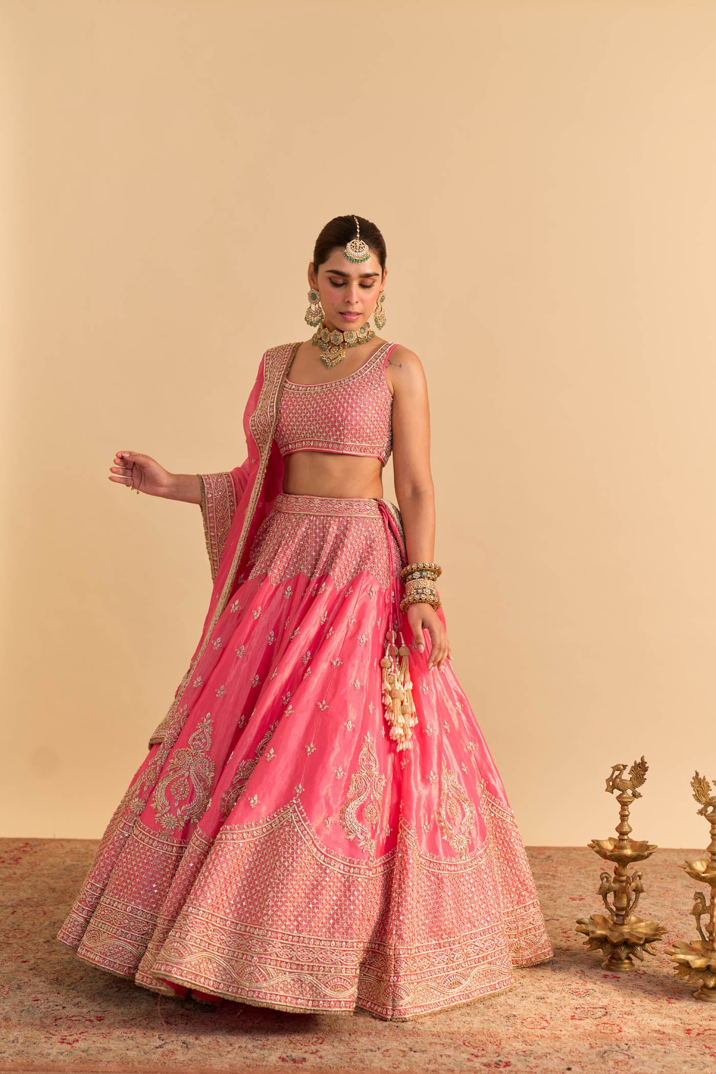 Aashina  - Dabka Zardozi Embroidered Pure Tissue Carrot Pink Lehenga Set