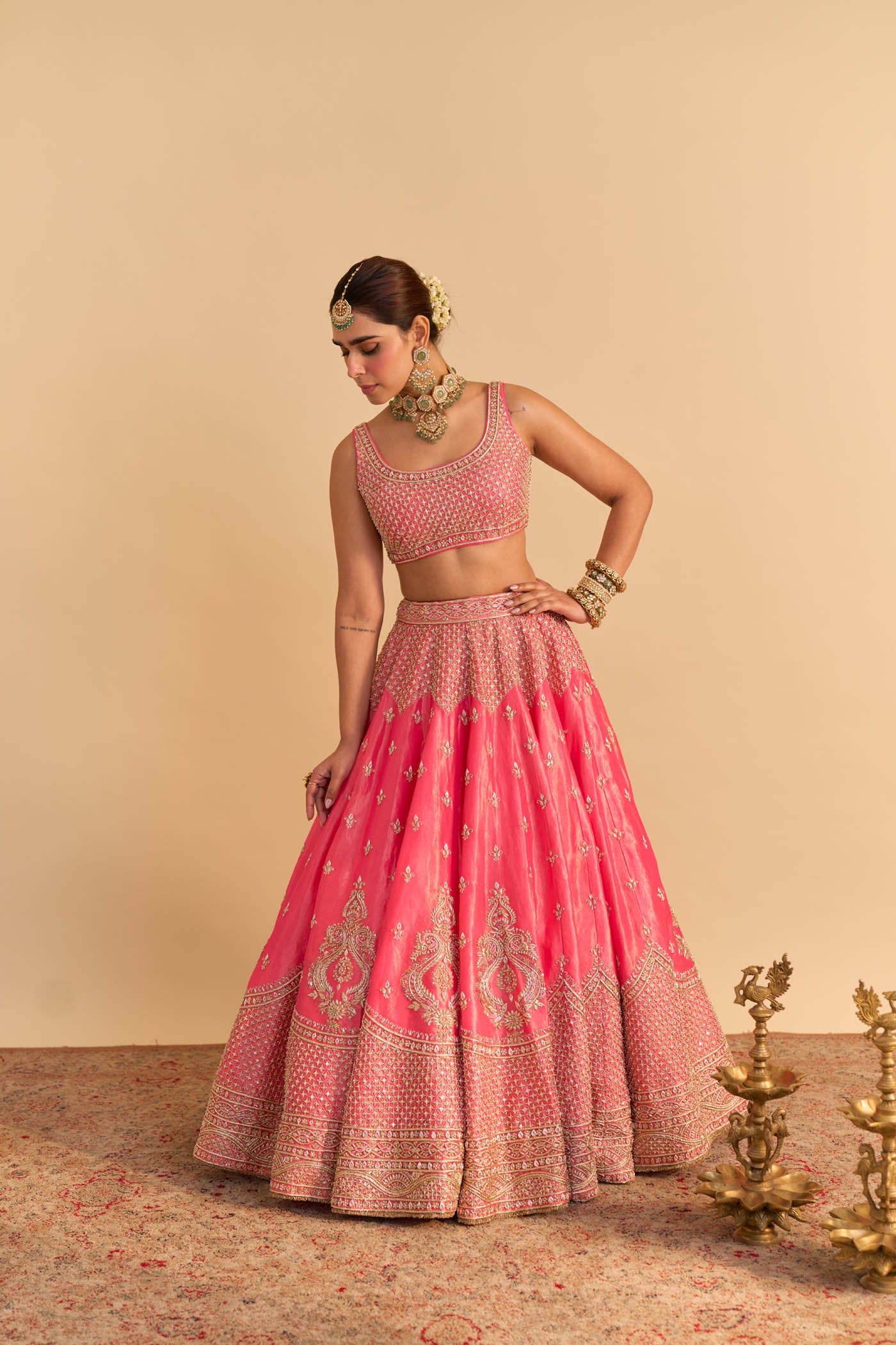 Aashina  - Dabka Zardozi Embroidered Pure Tissue Carrot Pink Lehenga Set