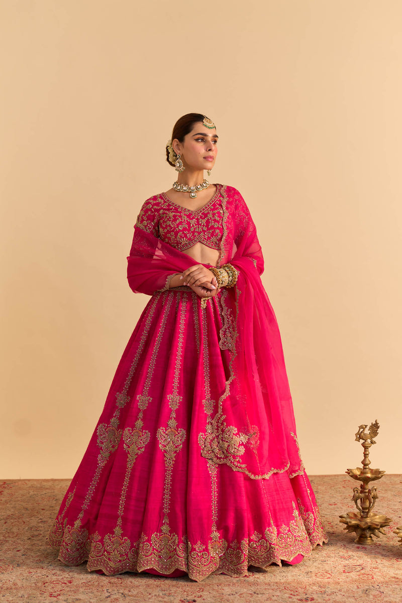 Naazila - Dabka Zardozi Embroidered Raw Silk Rani Hotpink Lehenga Set