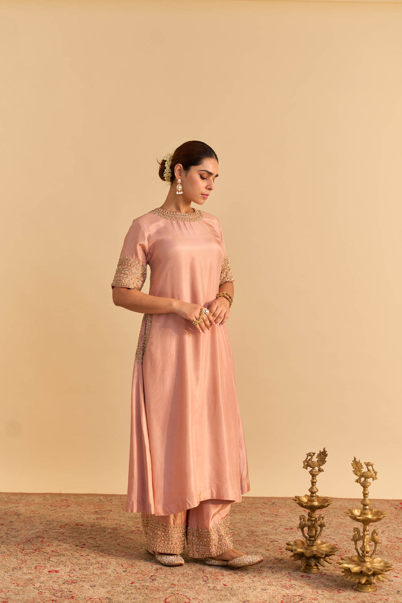 Atara Off rose Silk Dabka Zardozi Embroidered Kurta Set
