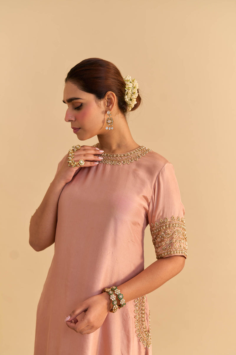 Atara Off rose Silk Dabka Zardozi Embroidered Kurta Set