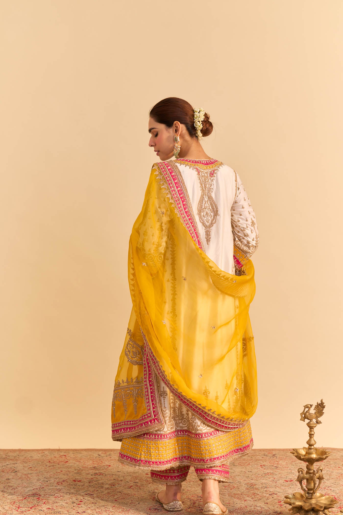 Zoya - Dabka Zardozi Embroidered Rich Banarasi Kalidaar Daisy Ivory Long Chauga Set