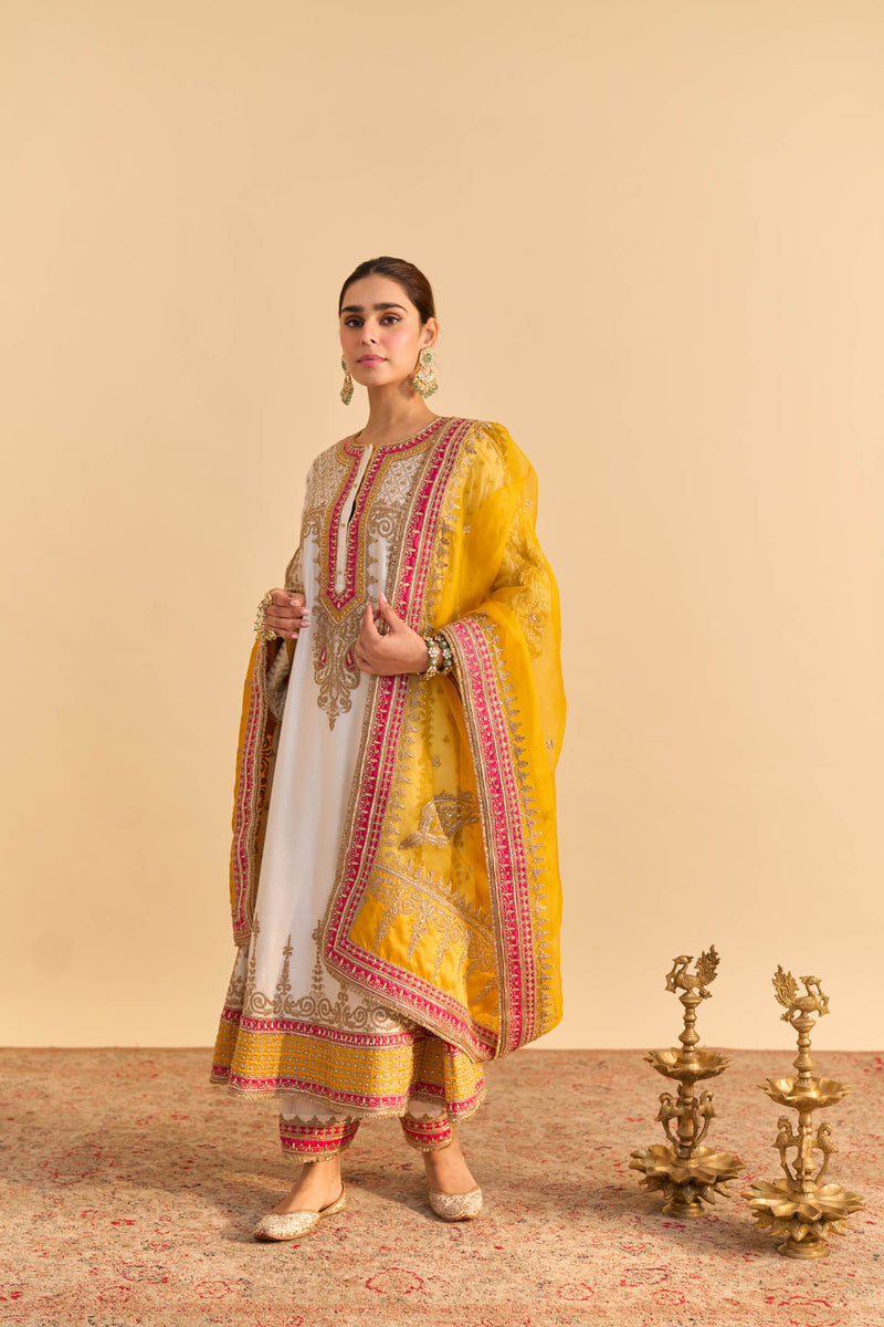 Nargis - Dabka Zardozi Embroidered Kalidaar Daisy Ivory with Heirloom Mustard Long Chauga Set