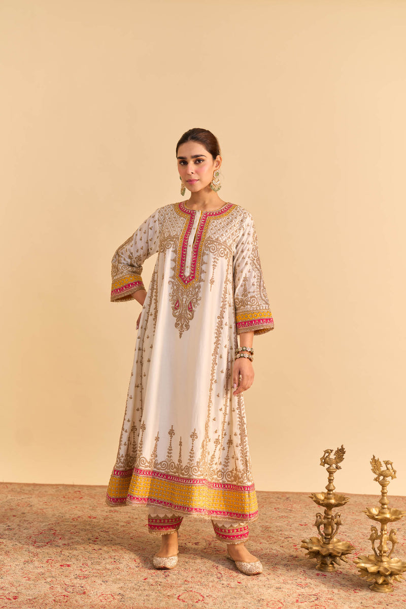 Nargis - Dabka Zardozi Embroidered Kalidaar Daisy Ivory with Heirloom Mustard Long Chauga Set