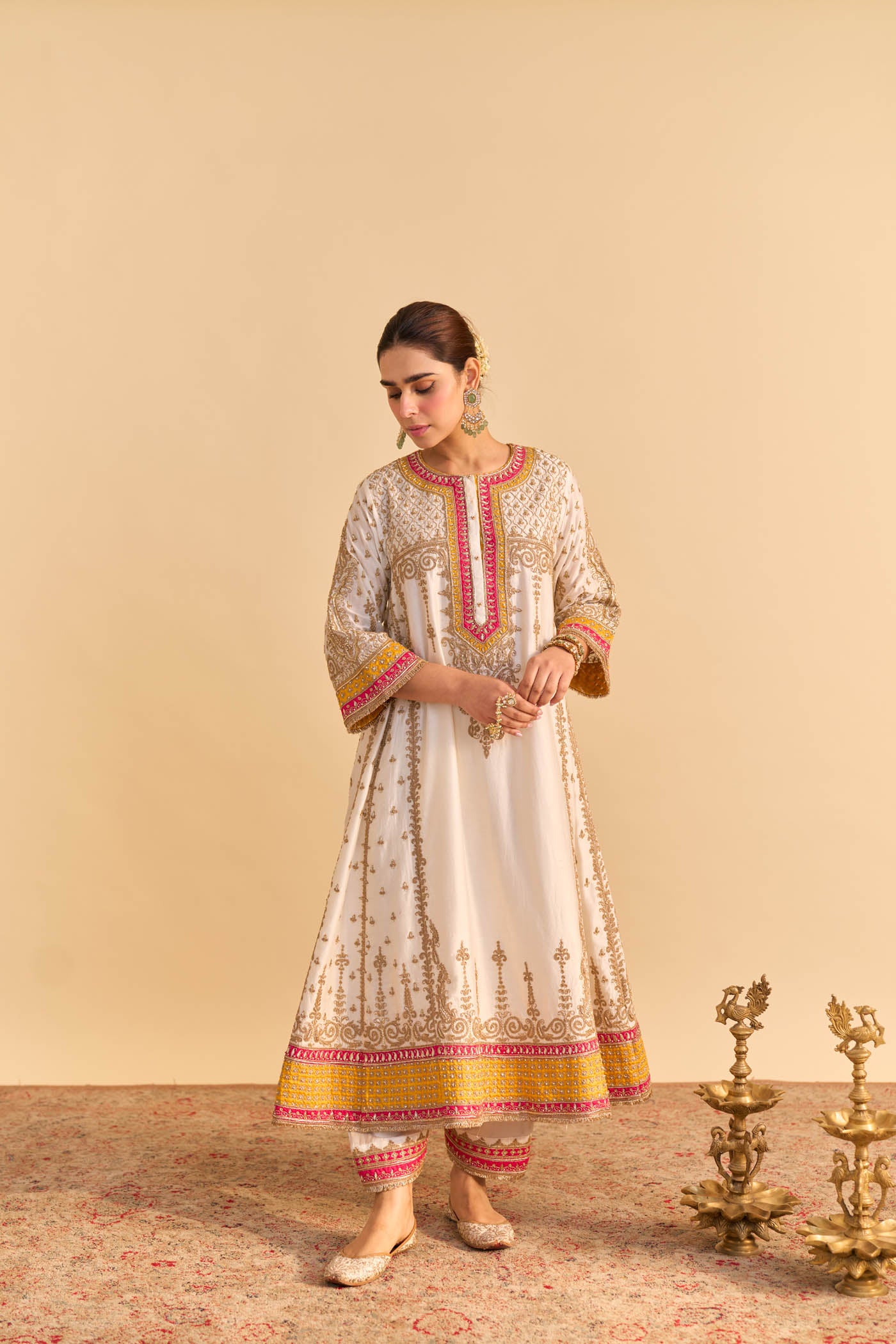 Zoya - Dabka Zardozi Embroidered Rich Banarasi Kalidaar Daisy Ivory Long Chauga Set