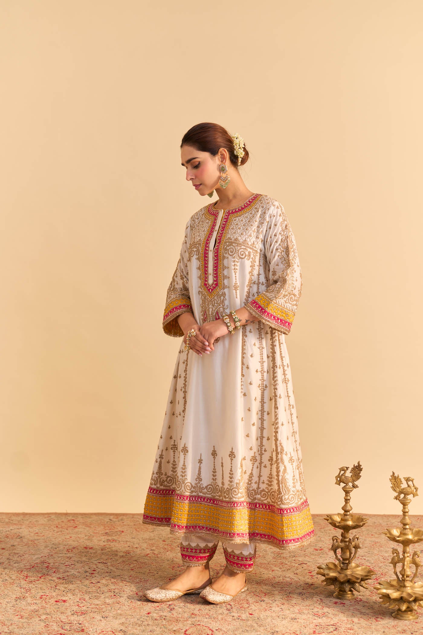 Zoya - Dabka Zardozi Embroidered Rich Banarasi Kalidaar Daisy Ivory Long Chauga Set