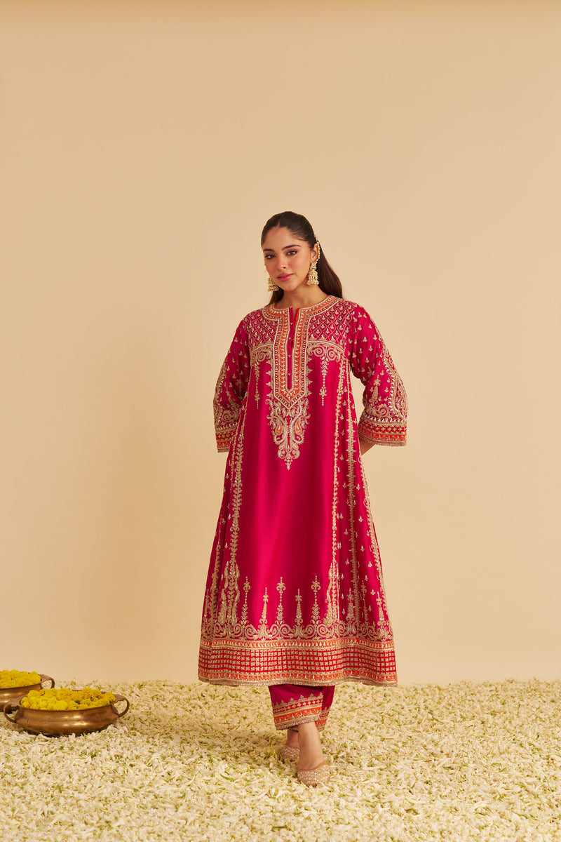 Nargis  - Dabka Zardozi Embroidered Rich Banarasi Kalidaar Rani Hotpink Long Chauga Set
