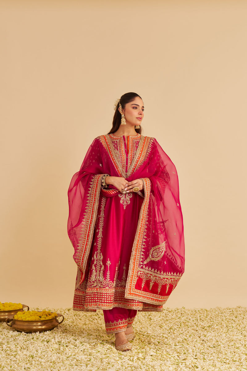 Nargis  - Dabka Zardozi Embroidered Rich Banarasi Kalidaar Rani Hotpink Long Chauga Set