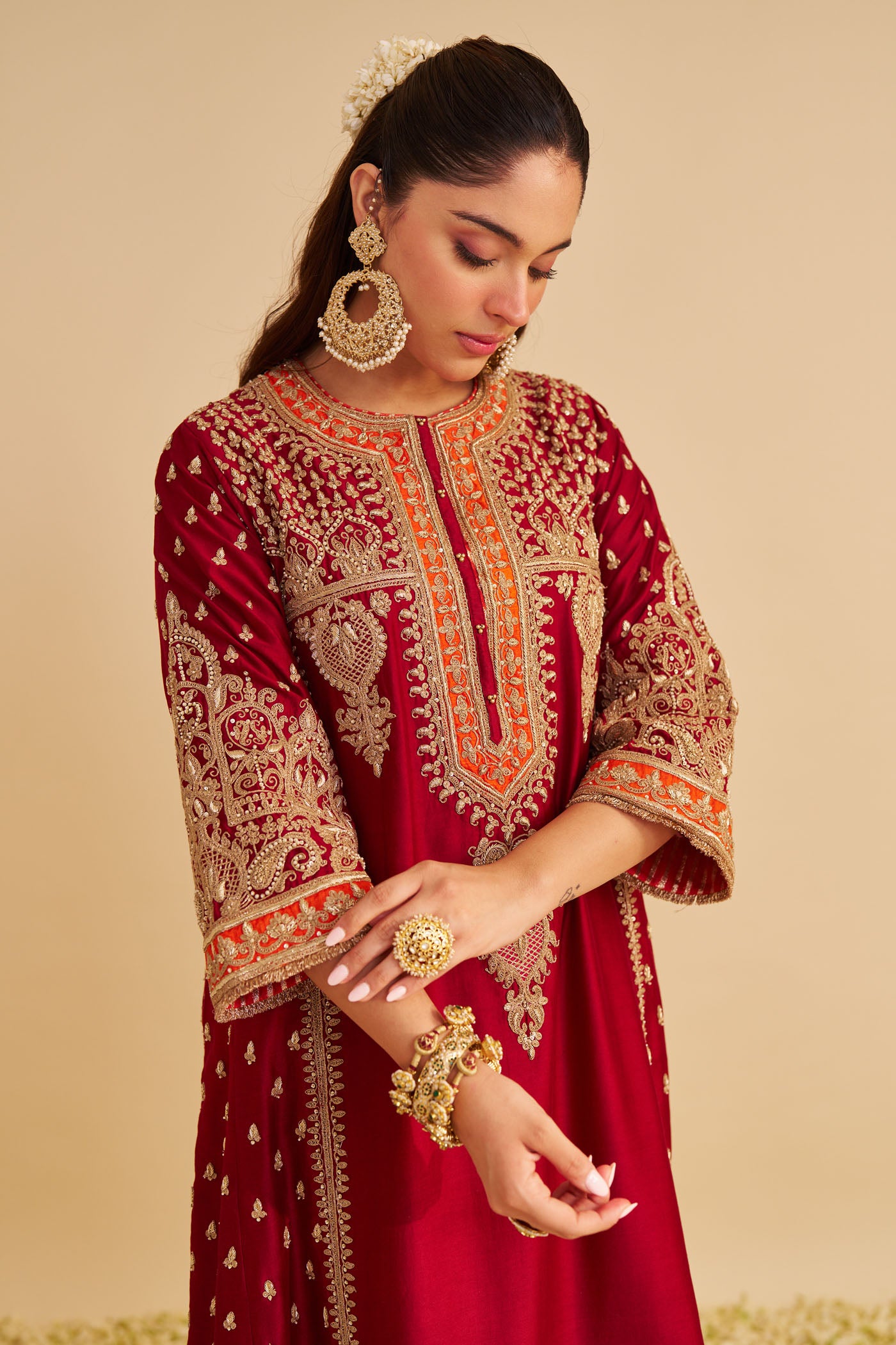 Zoya - Dabka Zardozi Embroidered Rich Banarasi Kalidaar Deep Red Long Chauga Set