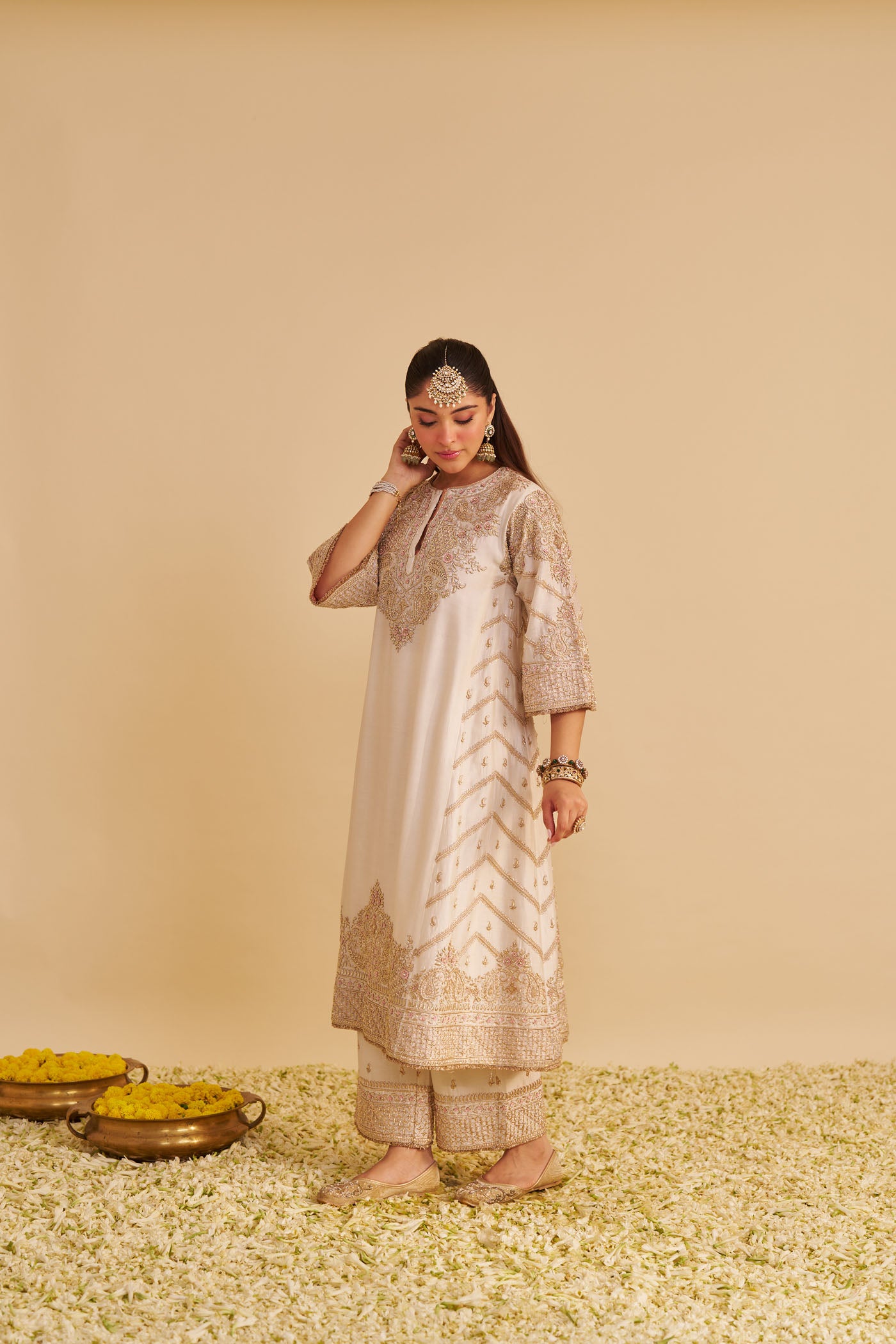 Aqsha  - Dabka Zardozi Embroidered Rich Banarasi Daisy Ivory Long Chauga & Palazzo with Dupatta