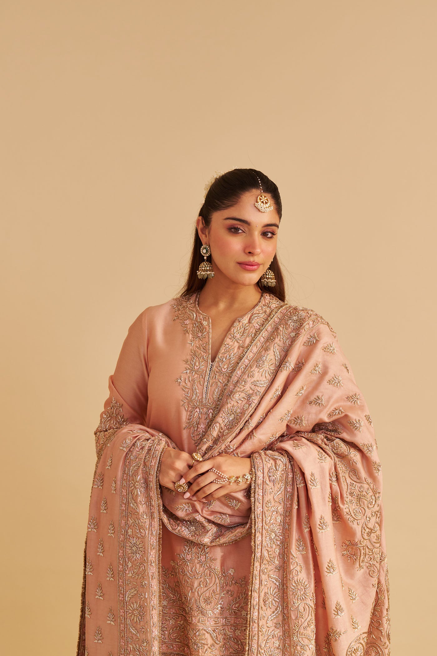Areeba - Dabka Zardozi Embroidered Pure Banarasi Off Rose Short Kurta & Salwar with Dupatta