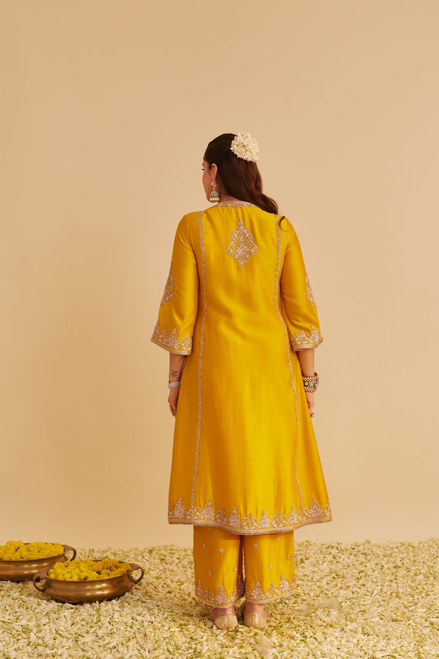 Anaiza - Dabka Zardozi Embroidered Mustard Long Kurta & Palazzo with Dupatta