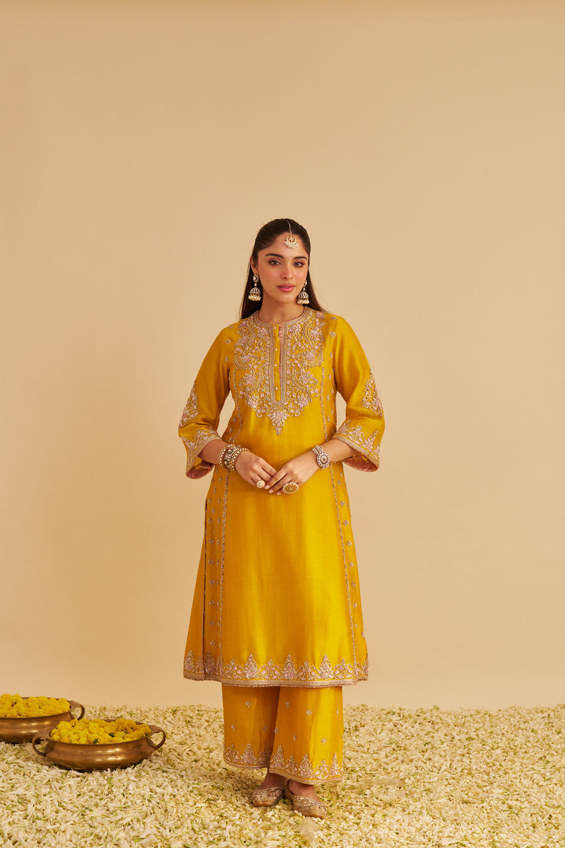 Anaiza - Dabka Zardozi Embroidered Heirloom Mustard Long Kurta & Palazzo with Dupatta