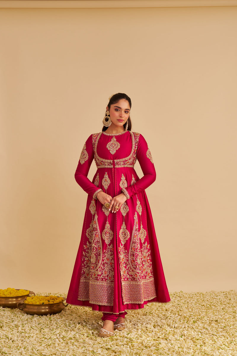 Zainah - Dabka Zardozi Embroidered Silk Rani Hotpink Anarkali  Set