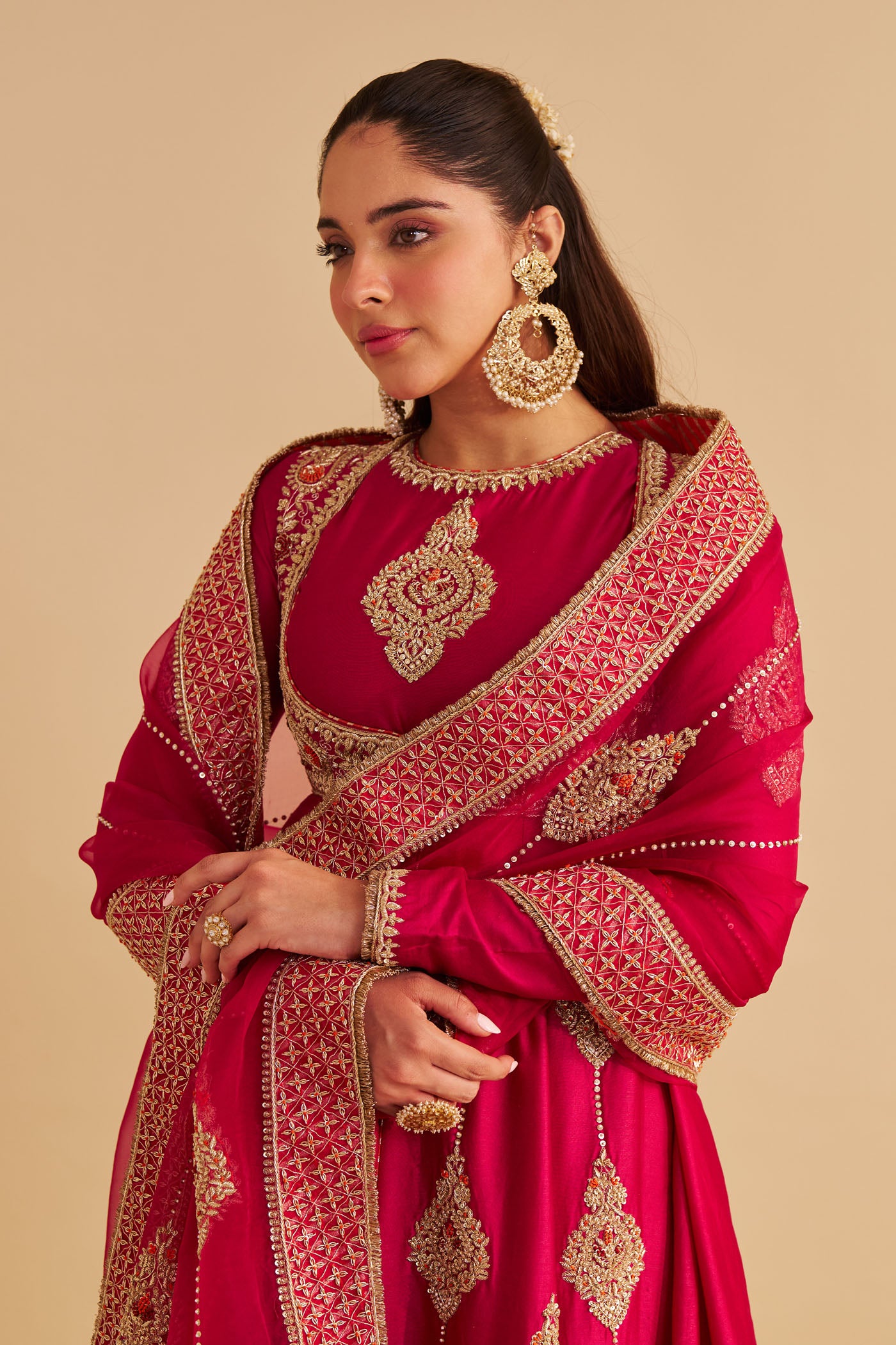 Zainah - Dabka Zardozi Embroidered Silk Hotpink Anarkali  Set