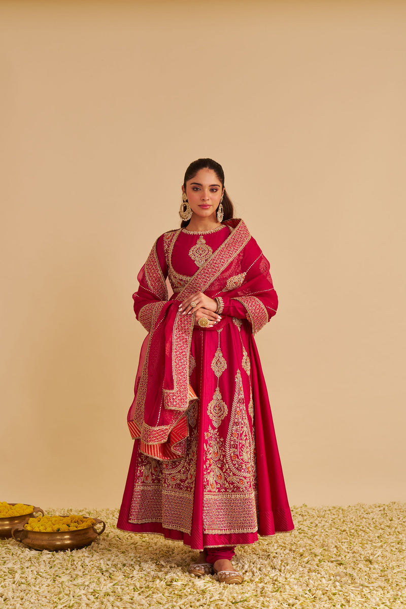 Zainah - Dabka Zardozi Embroidered Silk Rani Hotpink Anarkali  Set