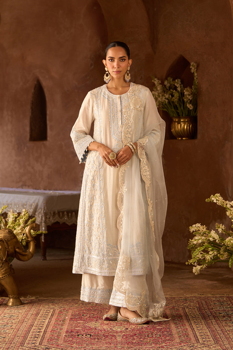 ENA - DAISY IVORY WITH BLUE LONG A-LINE KURTA WITH PALAZZO AND DUPATTA