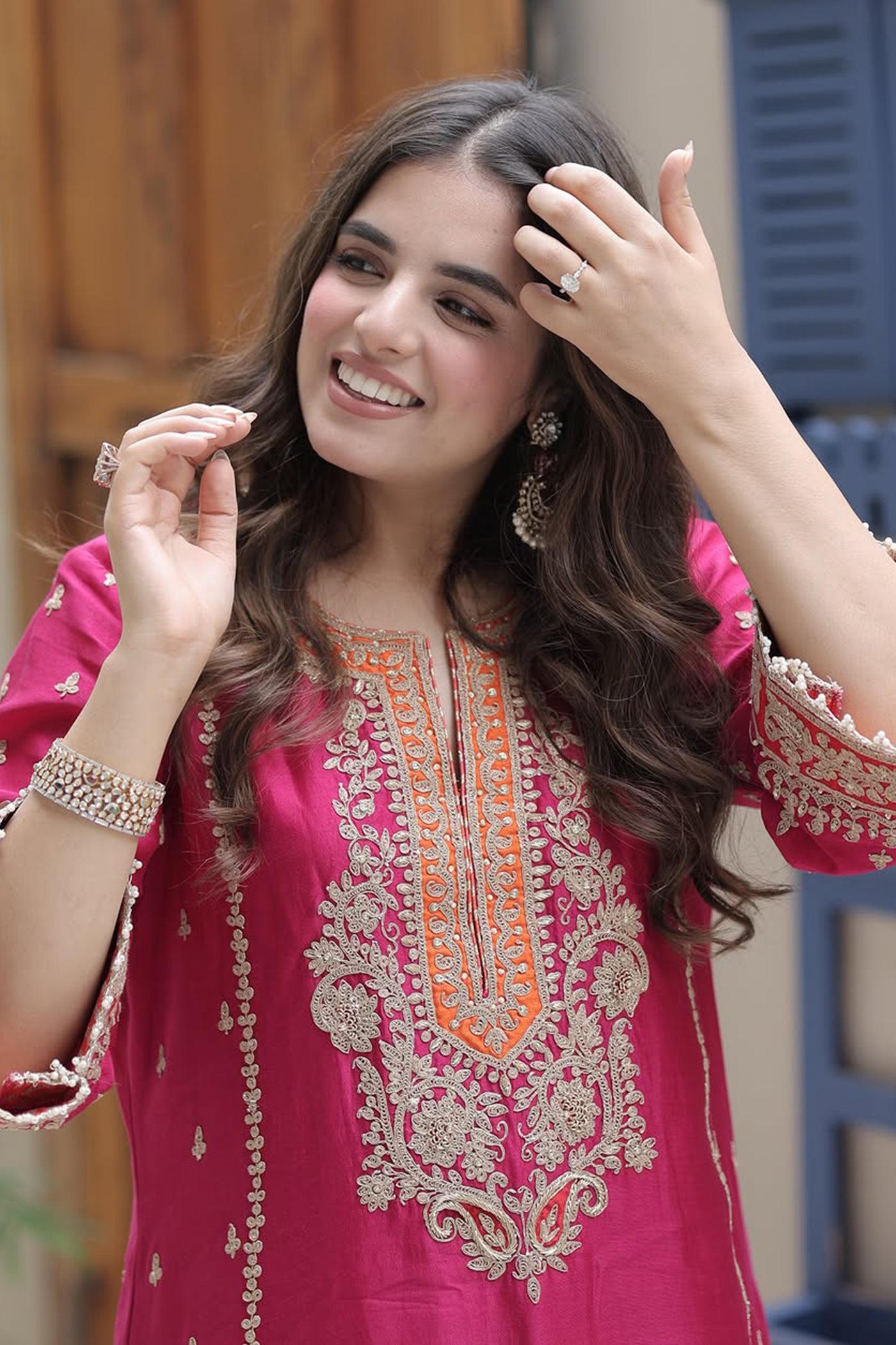 Shweta Sachdev  In Aamish - Rani Hotpink Long A-line Kurta with Palazzo