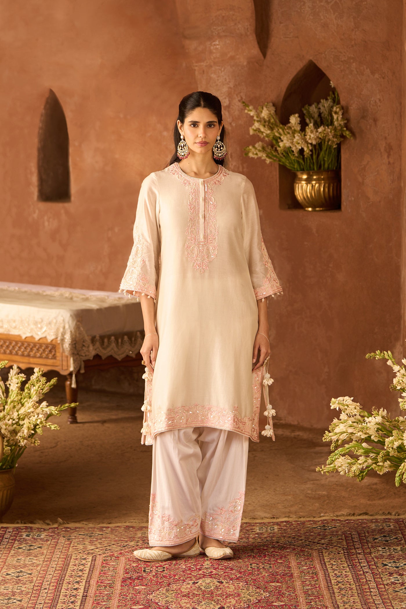 HANI - DAISY IVORY WITH PINK A-LINE KURTA WITH SALWAR AND DUPATTA