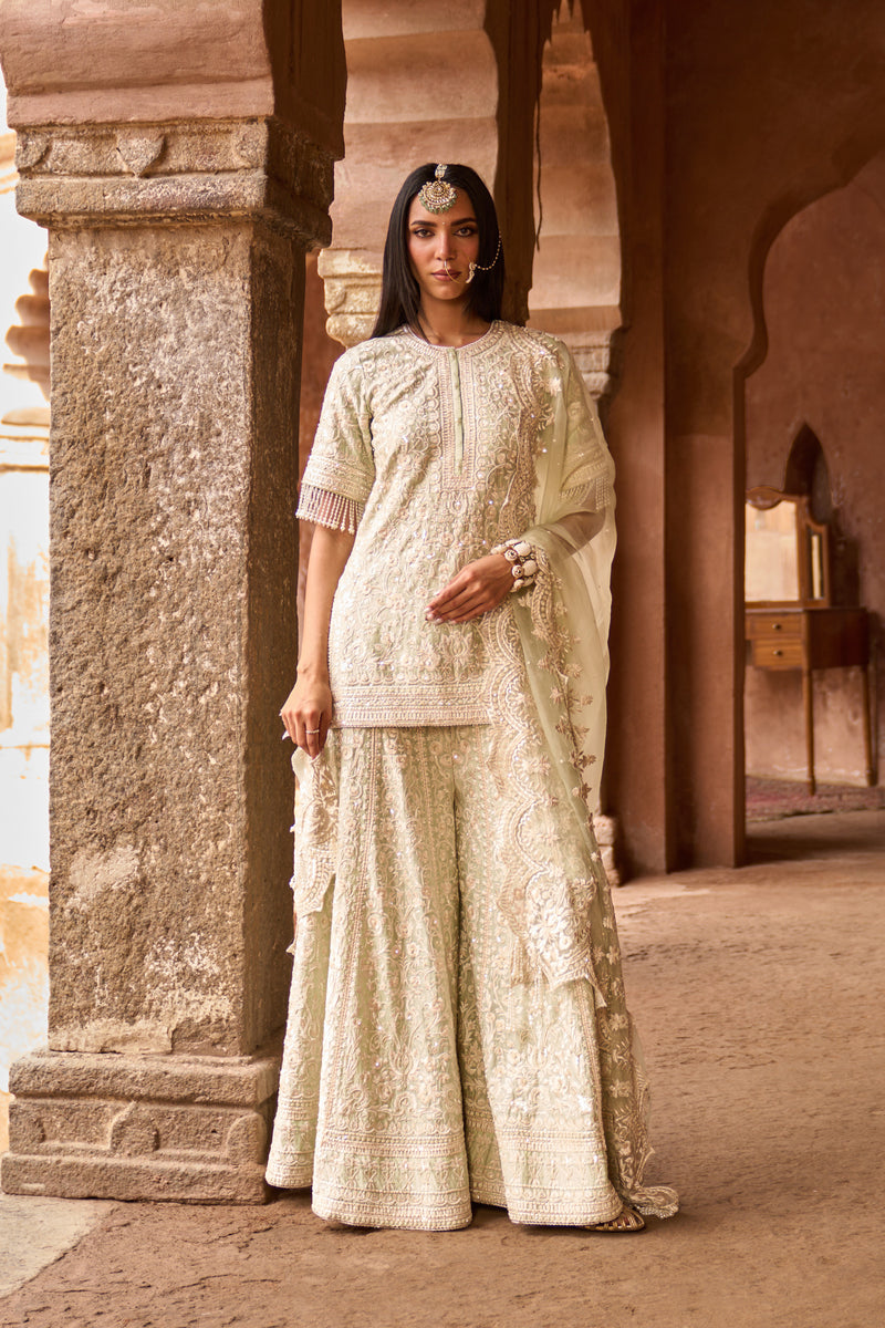 HEER - MINT GREEN SHORT KURTA WITH SHARARA AND DUPATTA