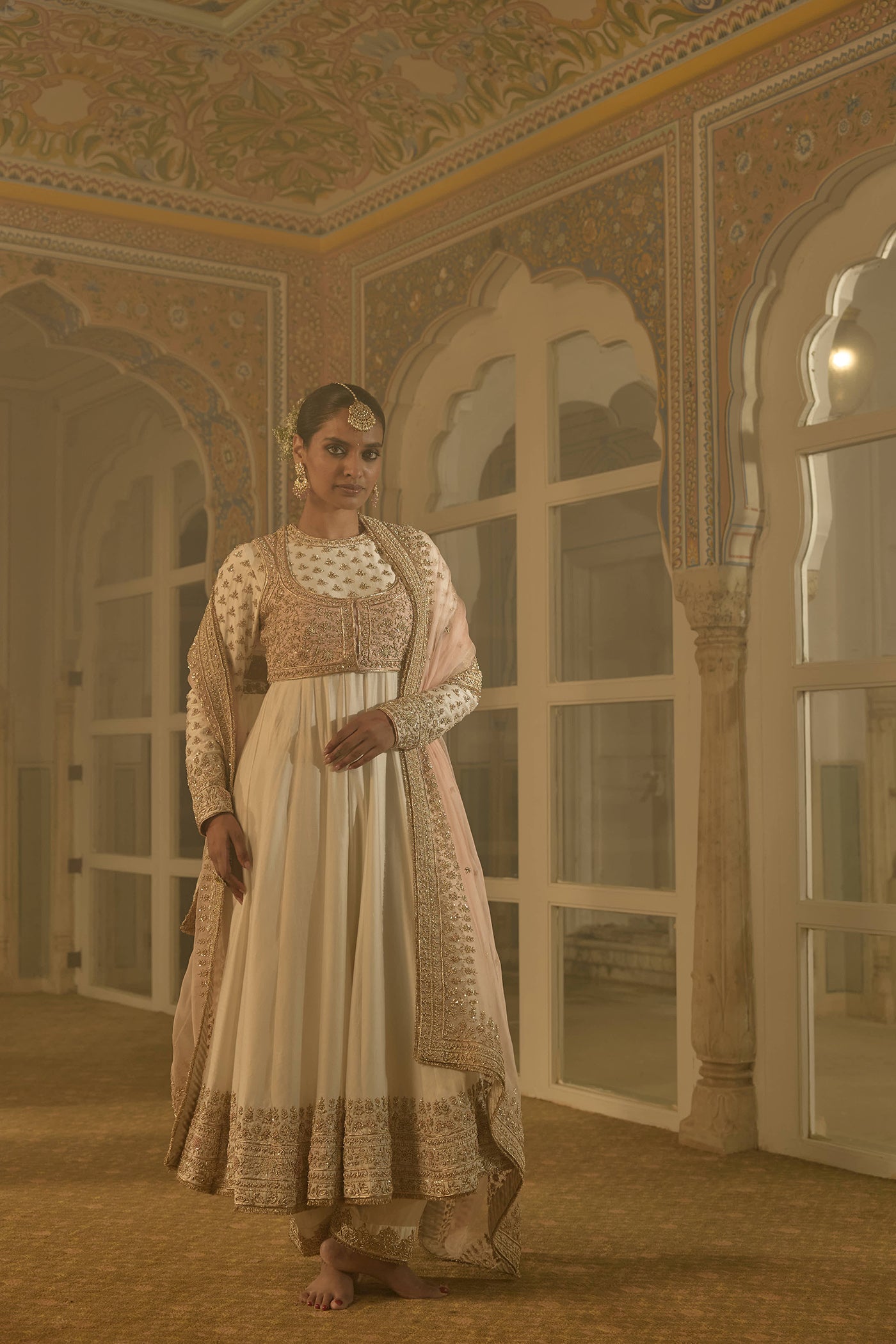 Malaika Arora In Noor - Dabka Zardozi Embroidered Chanderi Silk Daisy Ivory Anarkali Set