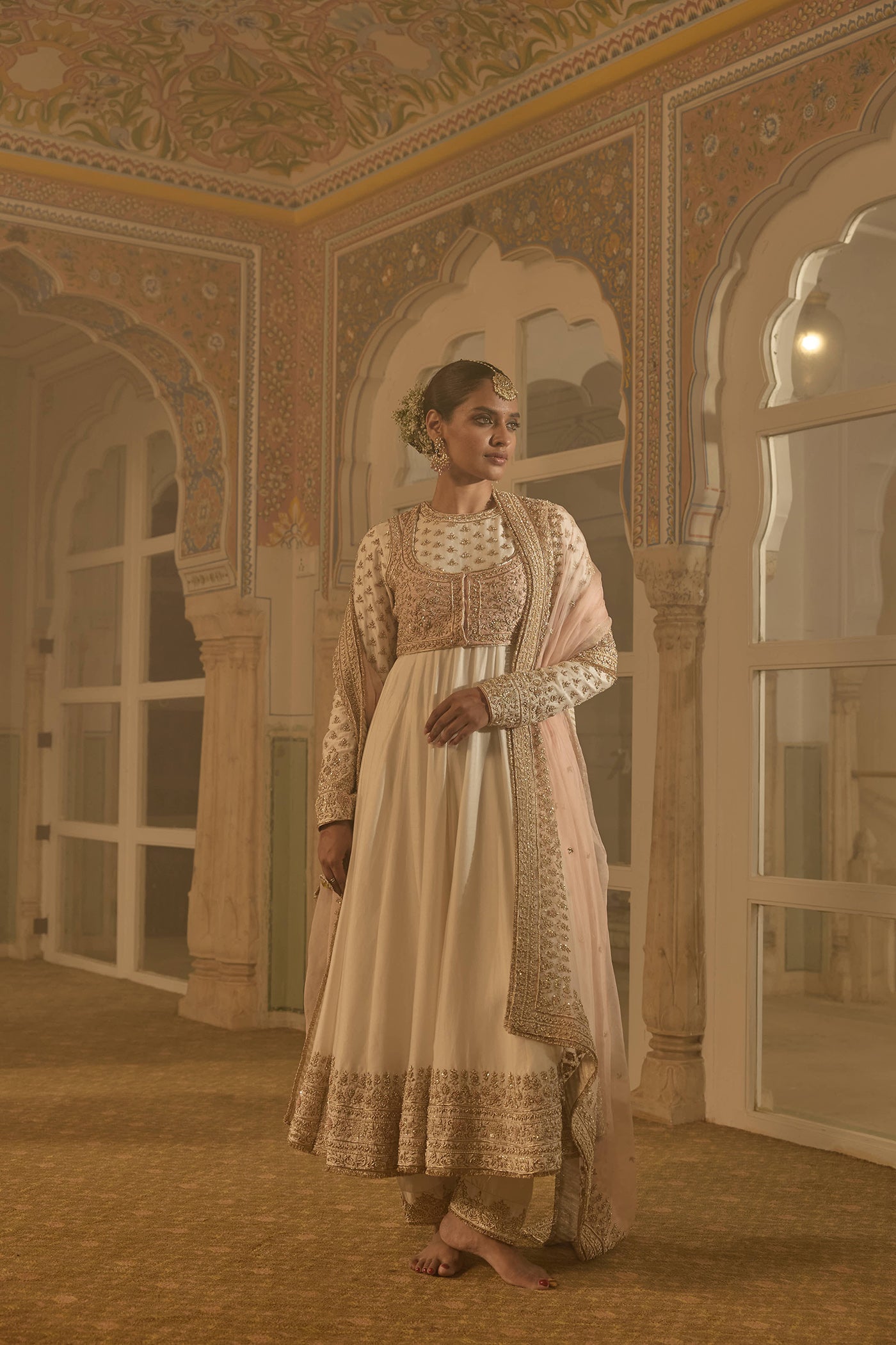 Malaika Arora In Noor - Dabka Zardozi Embroidered Chanderi Silk Daisy Ivory Anarkali Set