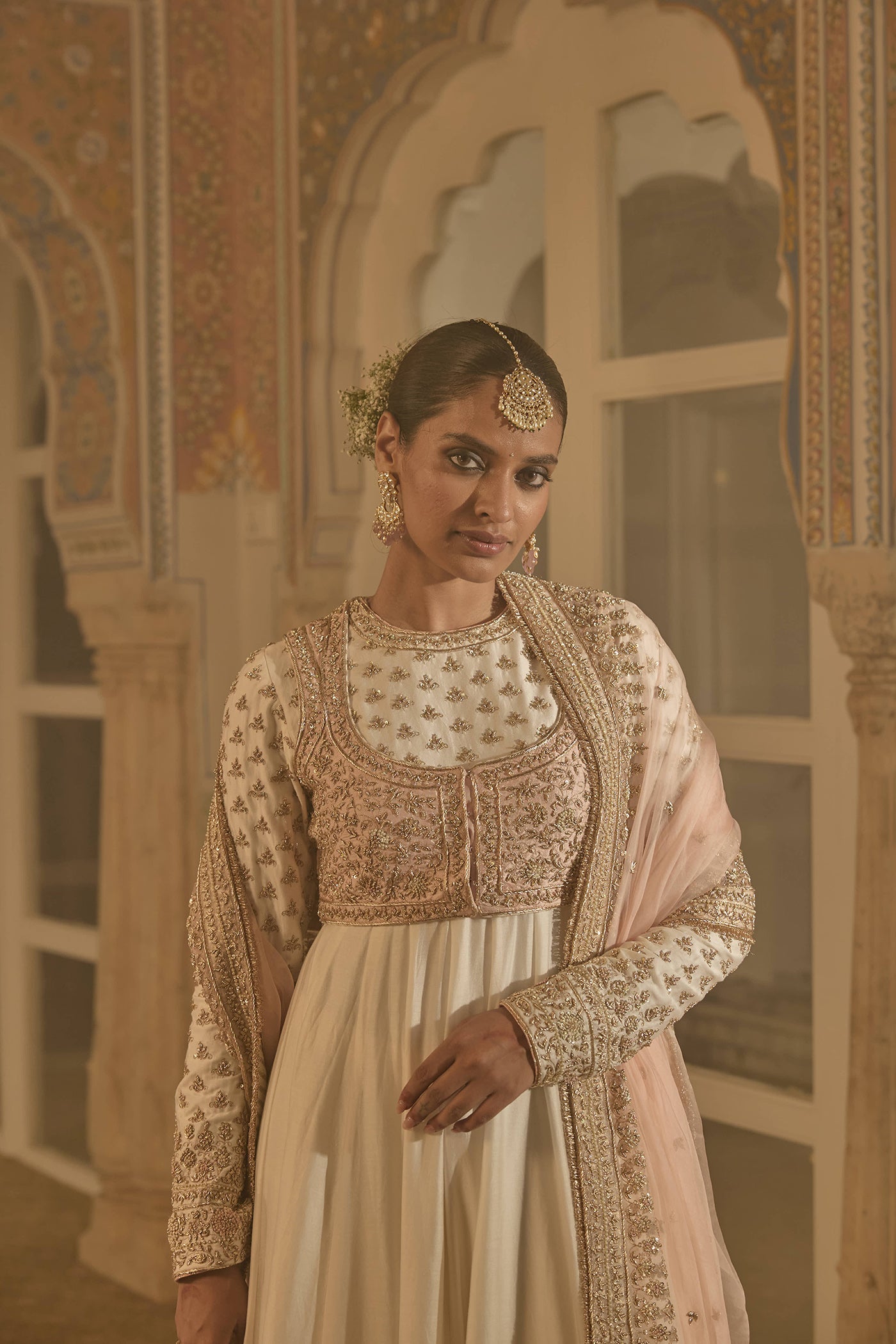 Malaika Arora In Noor - Dabka Zardozi Embroidered Chanderi Silk Daisy Ivory Anarkali Set