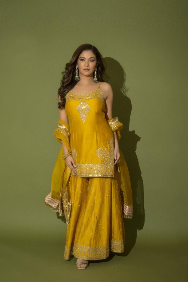Riddhima Pandit In AABROO - Glaze Mustard SHORT KURTA WITH SHARARA AND DUPATTA
