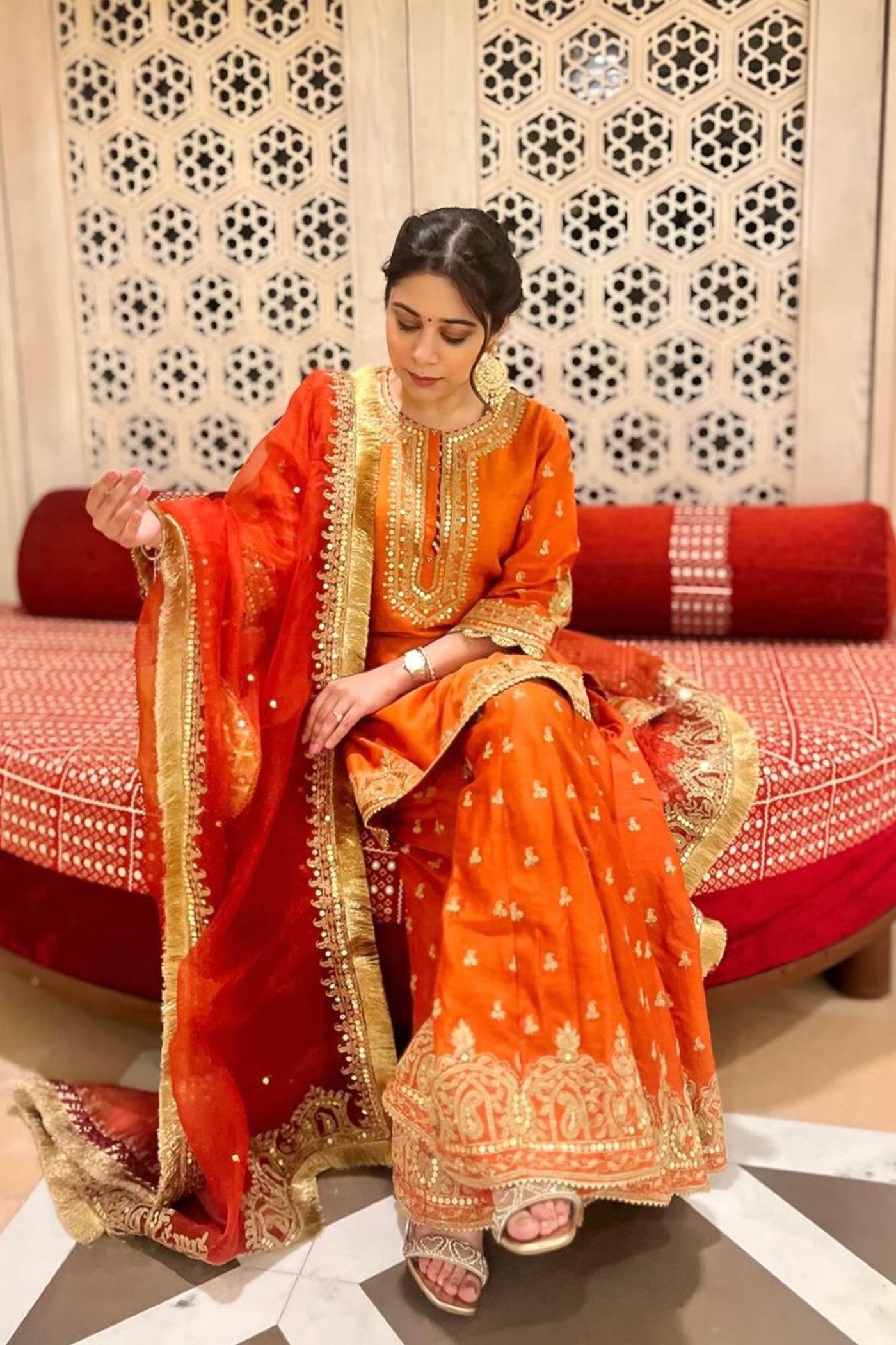 Bridal Wear Red And Orange Bridal Sharara Rust Sharara Suit , Crafted With Precision Hand Zari Bridal Wear Red And Orange Bridal Sharara Rust Sharara Suit , Crafted With Precision Hand Zari