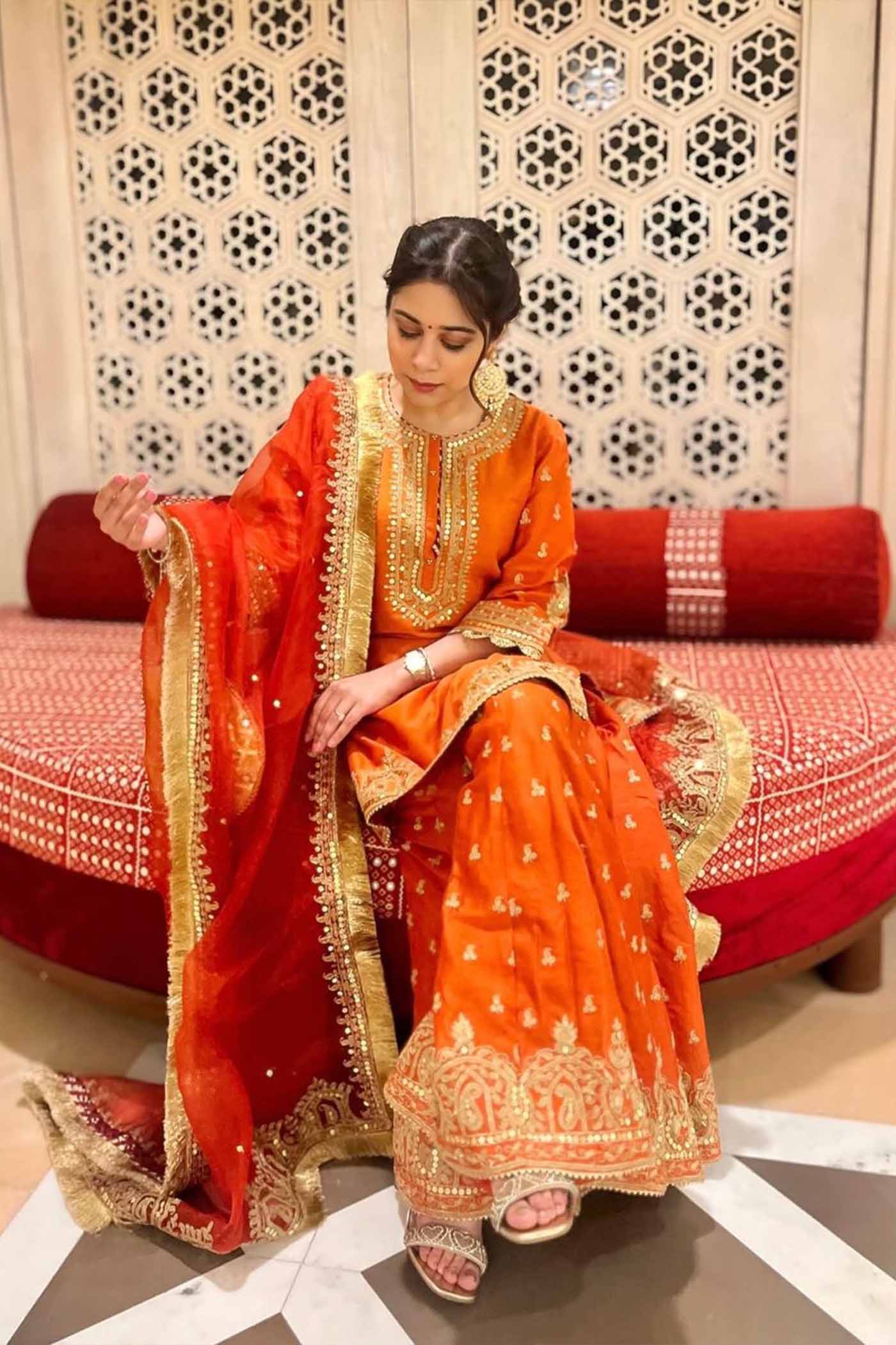 Tarini Bhatia In MISHIKA - BURNT ORANGE KURTA WITH SHARARA AND DUPATTA