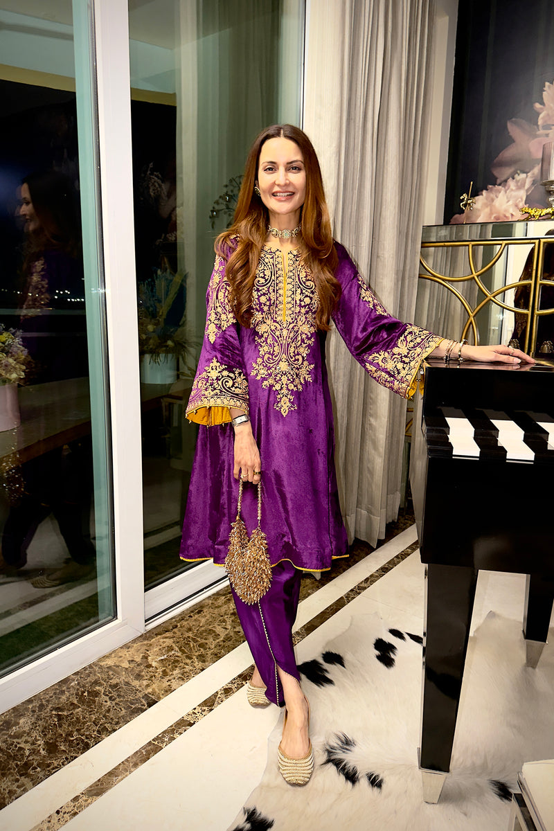 Deepti Dhillon In Eira - Silk Velvet Deep Purple A-line Kurta with Dhoti