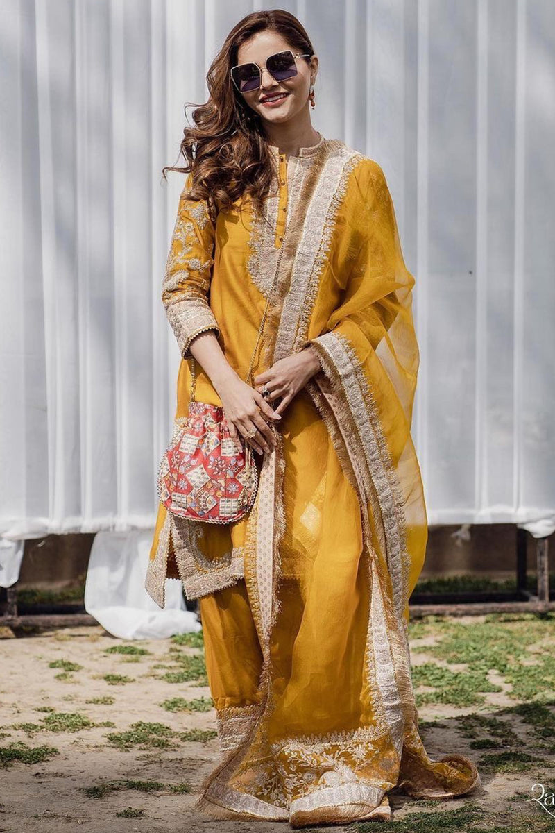 RUBINA DILAIK IN RESHAM - Glaze Mustard SHORT KURTA WITH SALWAR AND DUPATTA