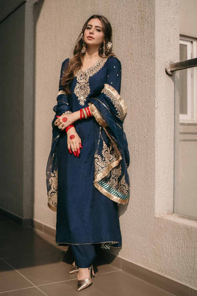 Aamna Shariff In Mysha - Deep Blue Long Choga With Salwar