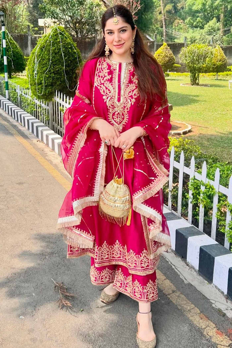 Guntas Sethi In MAHIKA - Rani Hotpink LONG KURTA WITH PALAZZO AND DUPATTA