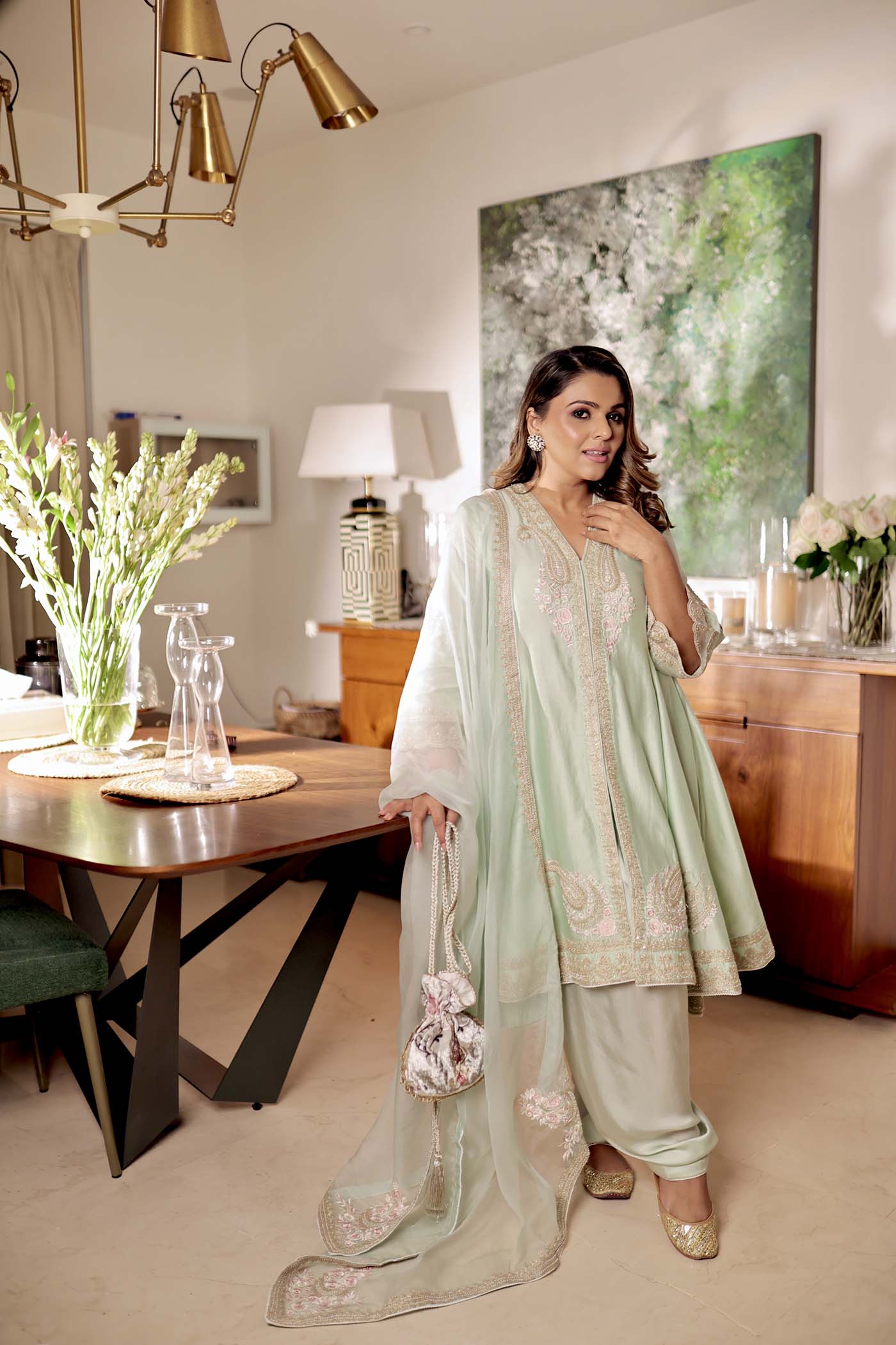 Tina Kakkar In Fajr - Misty Green Short Anarkali with Chooridaar and Dupatta