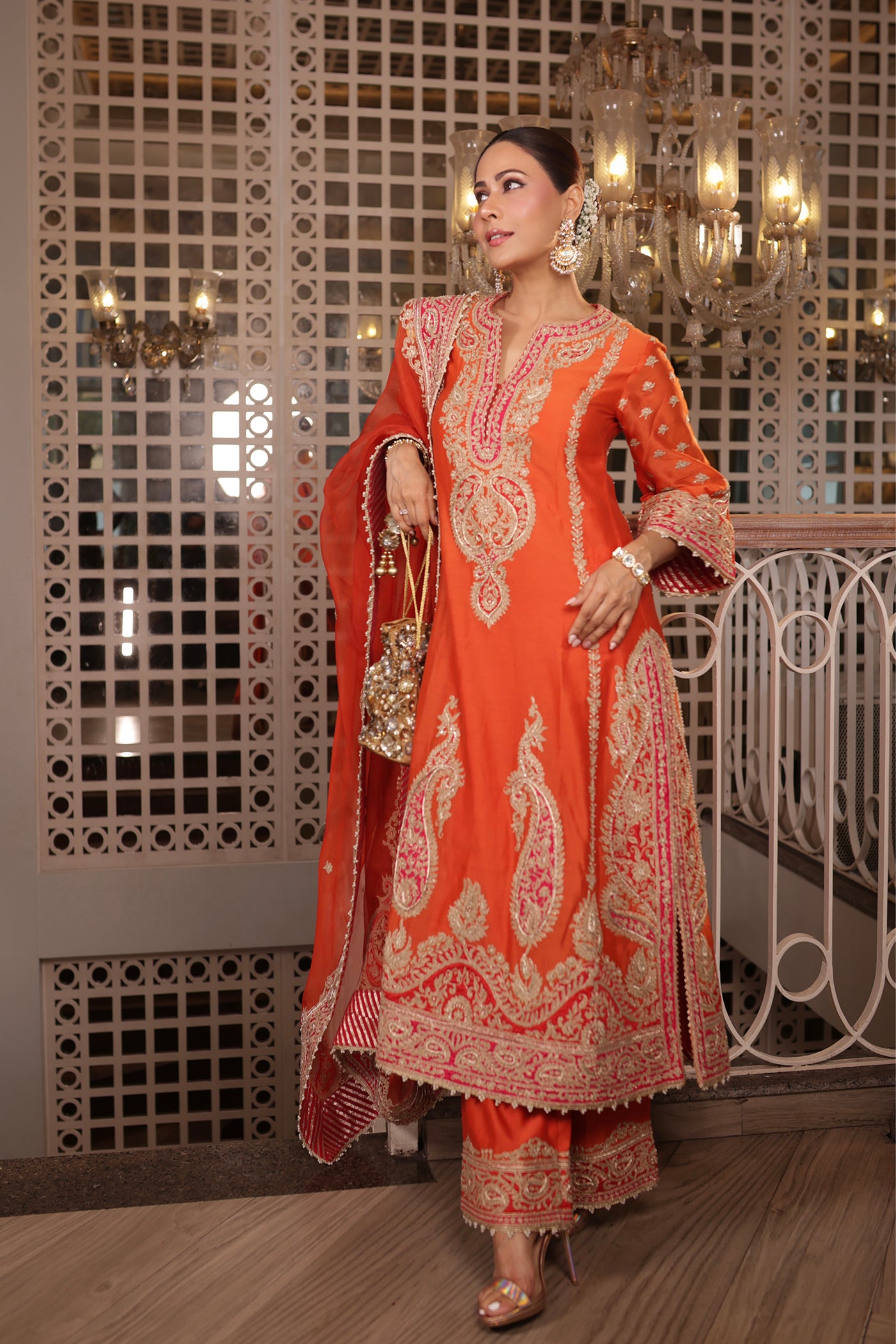 Swati Vatssa in Misam - Burnt Orange Long A-line Kurta with Palazzo