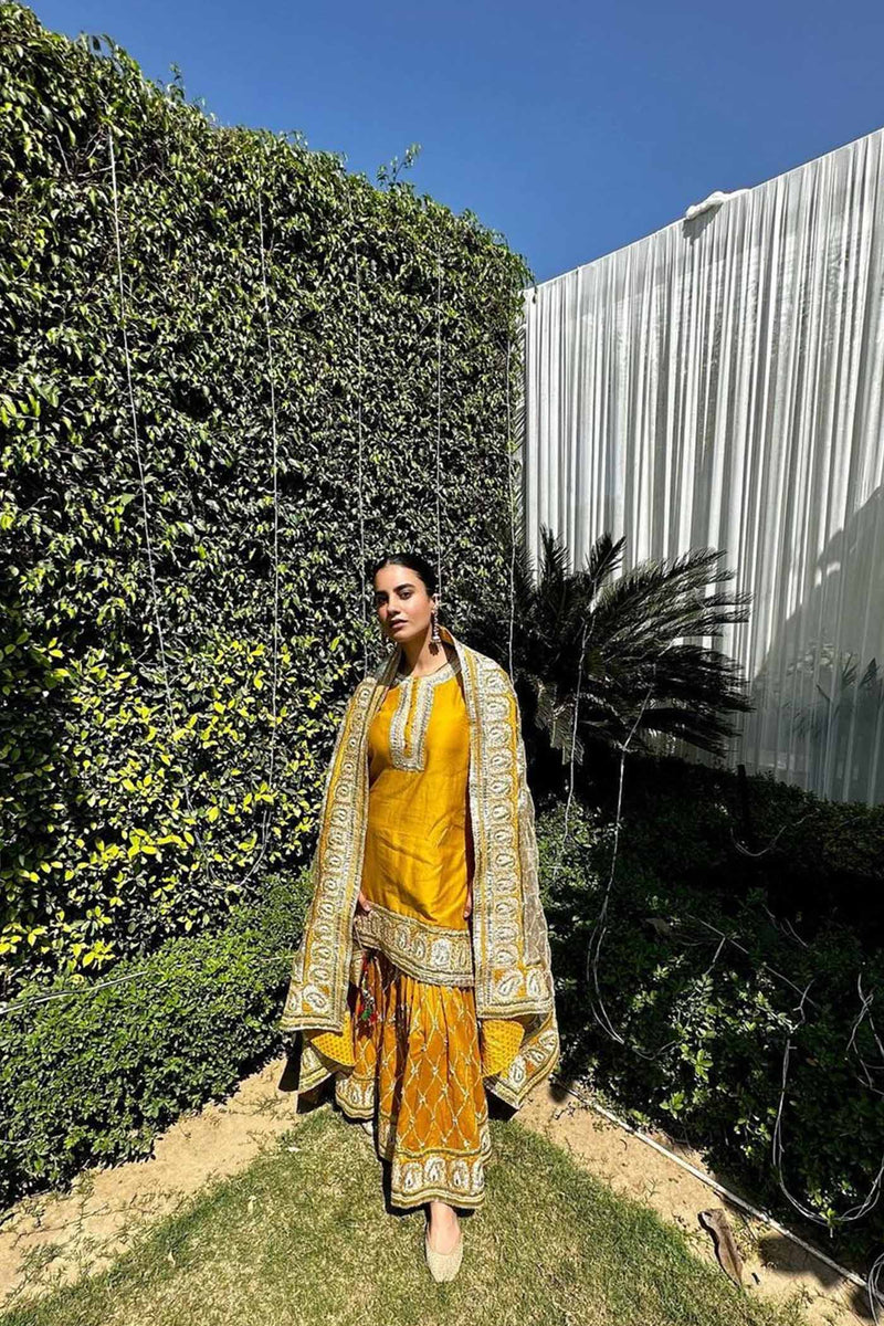 Heena Bhalla IN Shabina- Heirloom Mustard short kurta with garara and dupatta