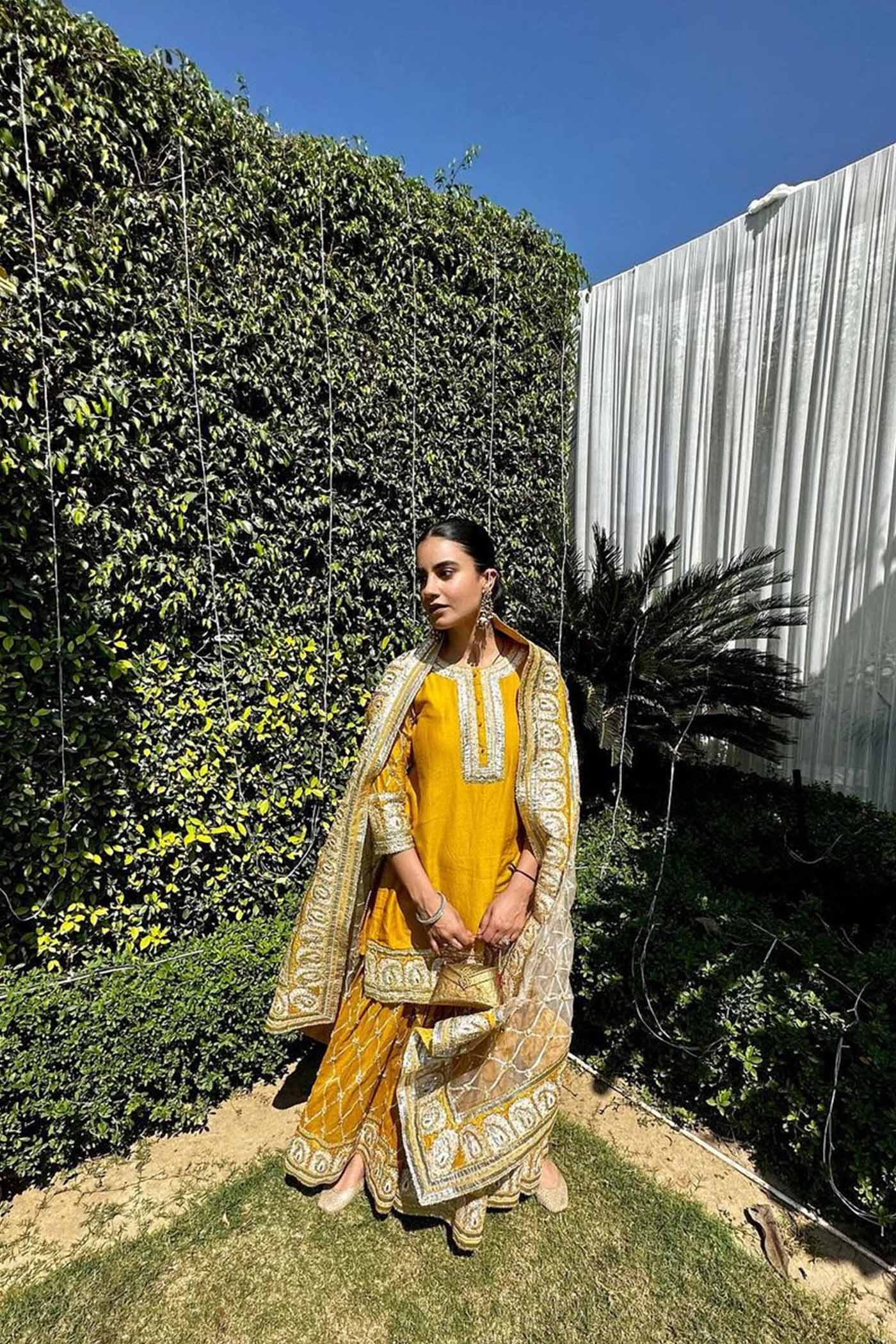 Heena Bhalla IN Shabina- Glaze Mustard  short kurta with garara and dupatta