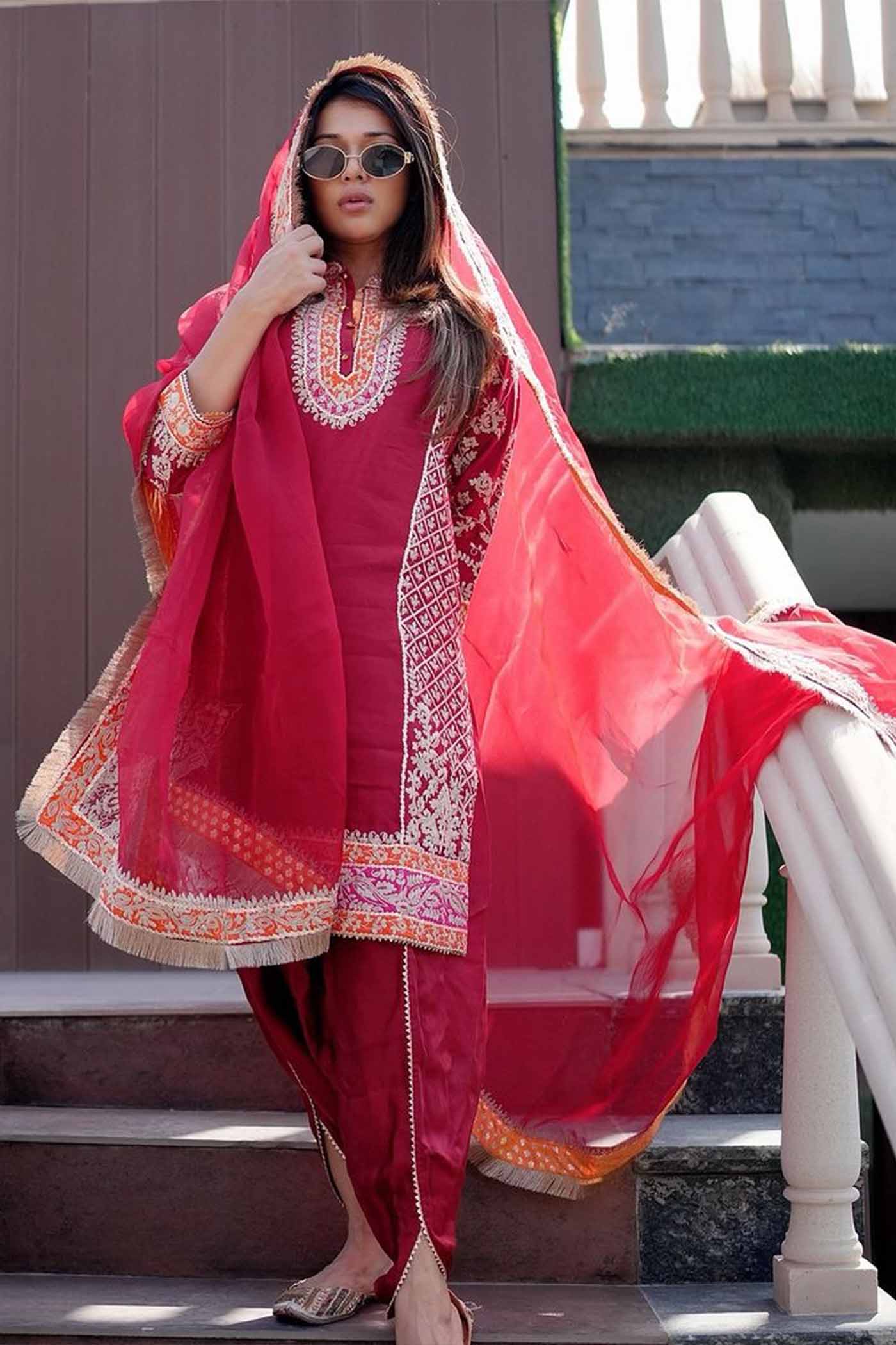 MEHNOOR - DEEP RED KURTA WITH DHOTI (LXRTS)
